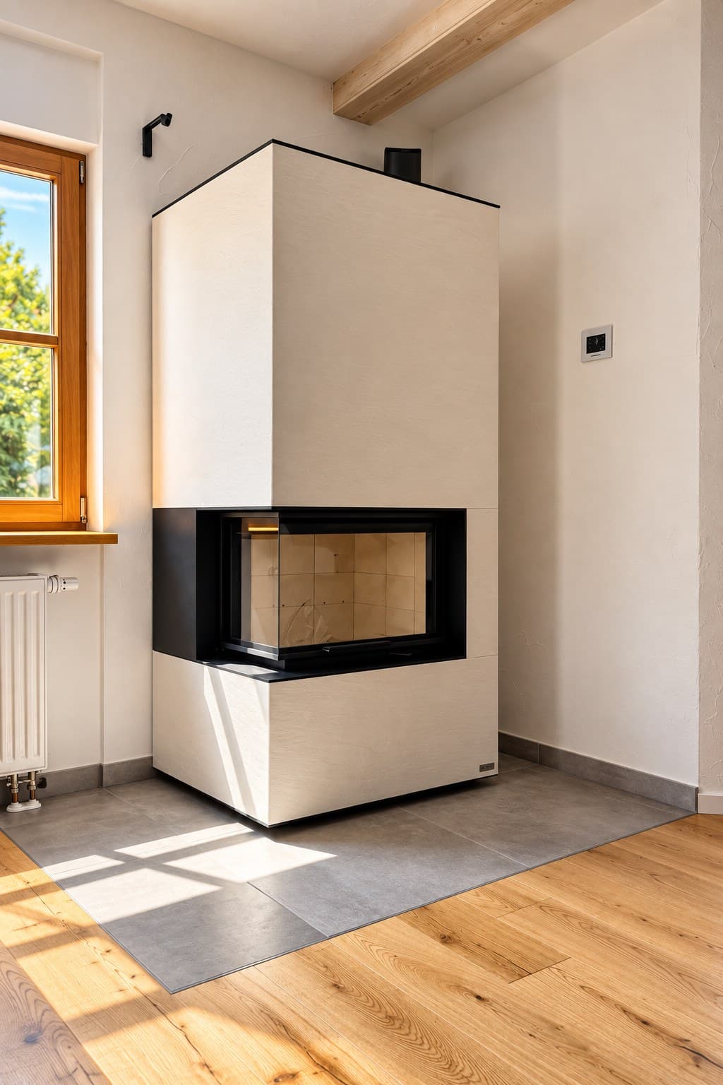 neocube C20 als Kaminbausatz in heller Sonderkeramik Ardessia Bianco, über Eck verglast, in einer Raumecke in Hammelburg, davor eine bündig in den Eichenboden eingelassene Bodenplatte aus grauen Keramikplatten.