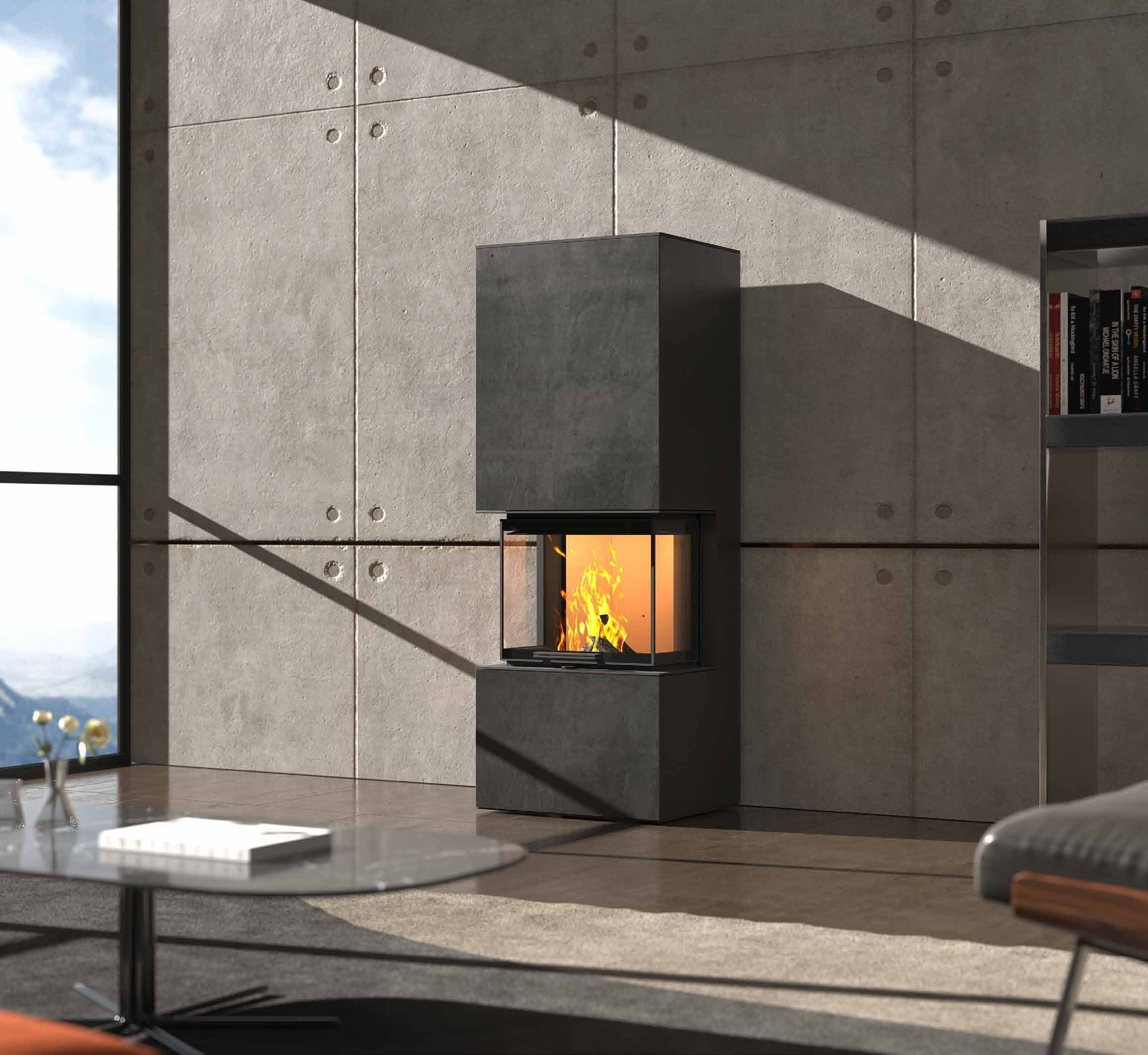 neocube steel edition als Eckmodell mit Rohstahlverkleidung, brennendes Feuer hinter der dreiseitigen Verglasung