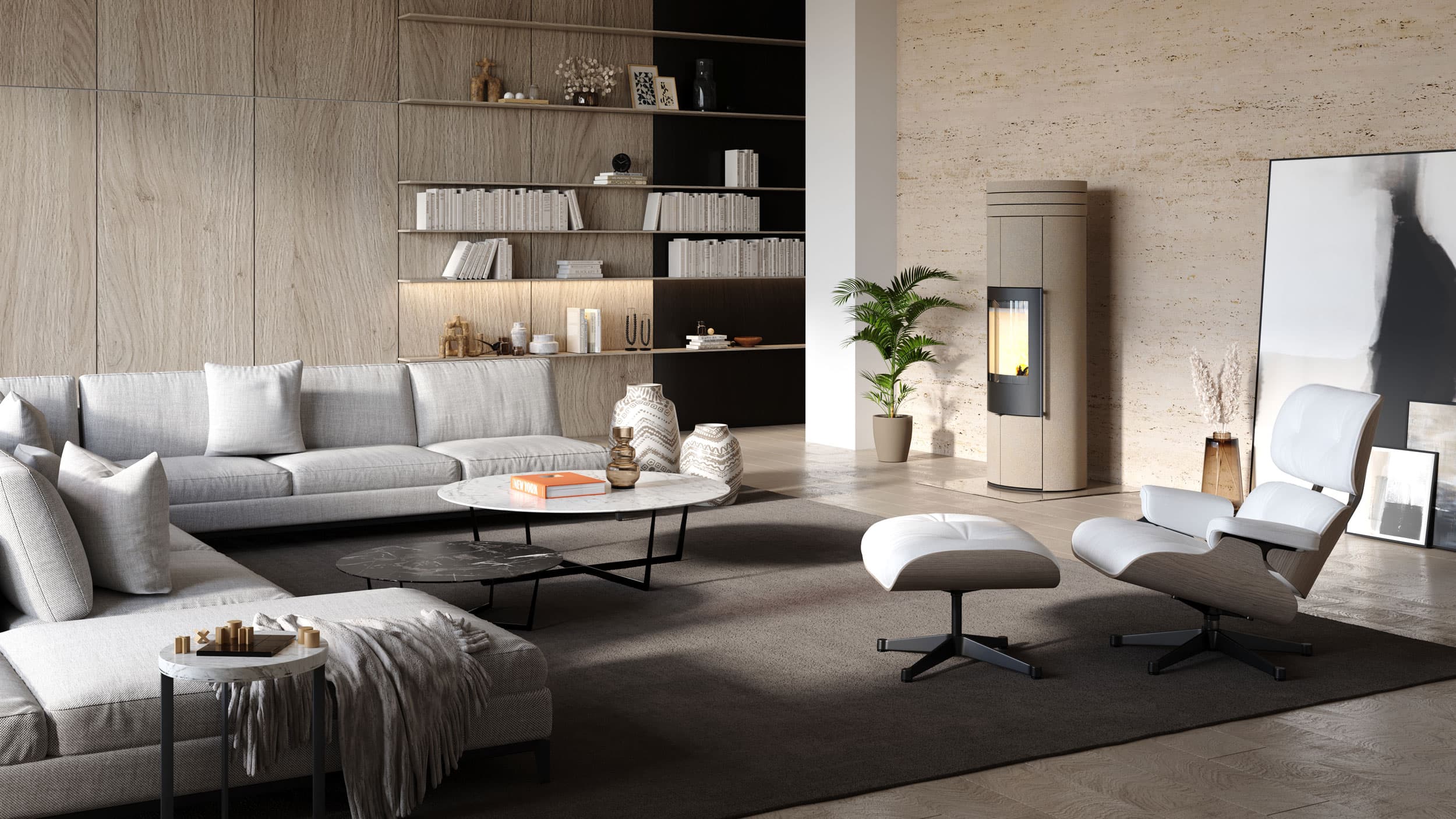 VAIO IQ 33 XL mit Natursteinmantel Beige Matera in einem Wohnraum mit bodentiefer Fensterfront und Blick ins Grüne