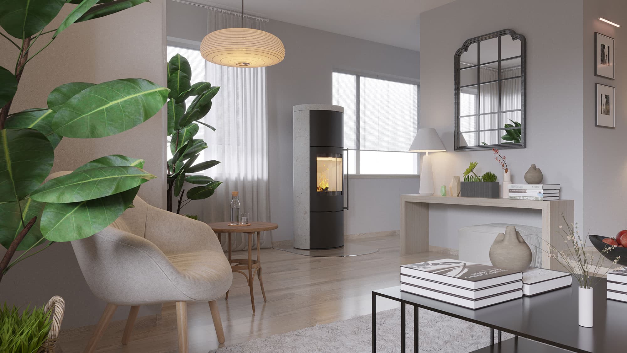 VAIO IQ 33 XL mit Natursteinmantel Beige Vittoria in einem hellen Wohnzimmer mit Sessel und Zimmerpflanzen
