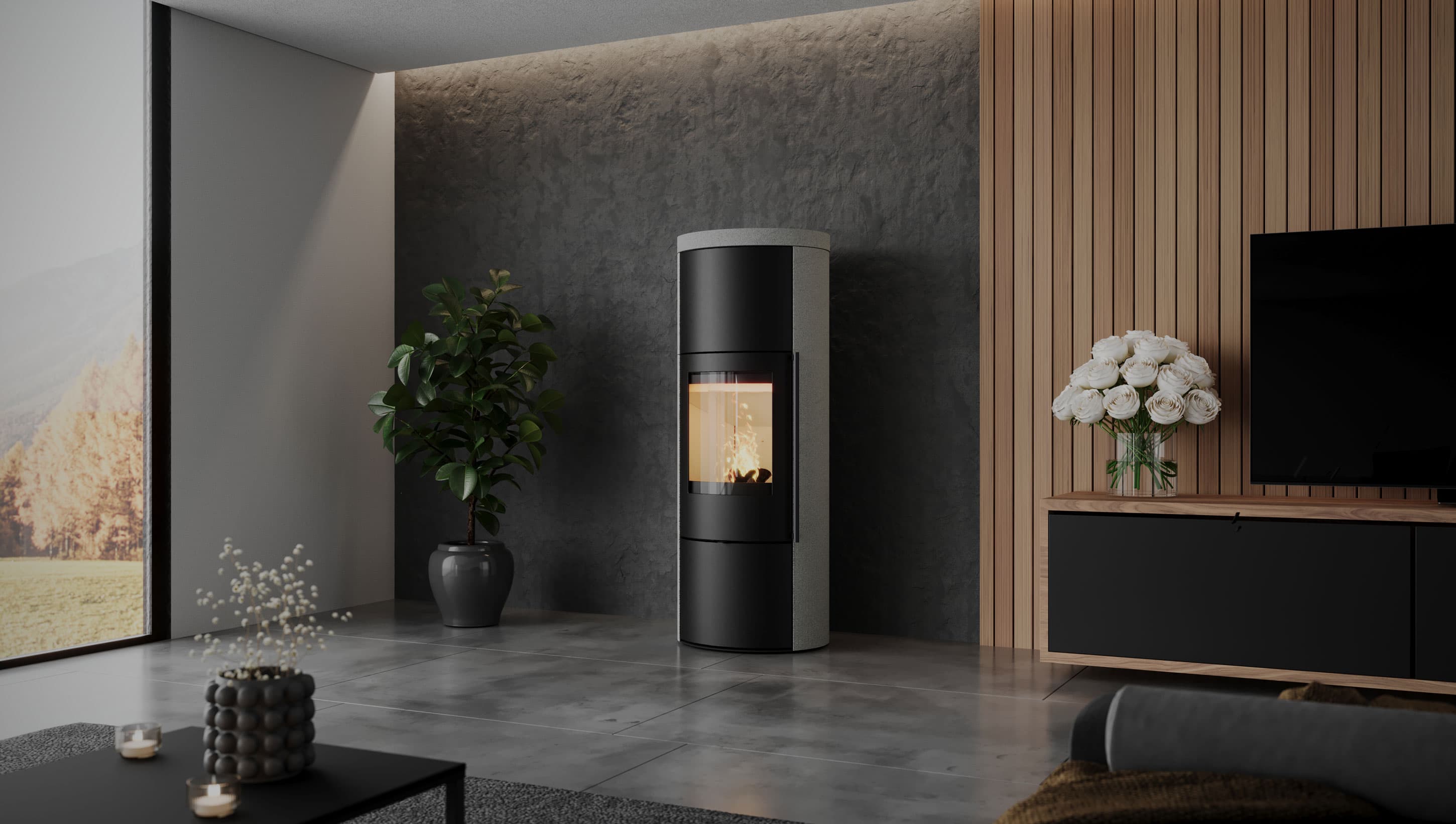 VAIO IQ 33 XL mit Natursteinmantel Grigio Augusta vor dunkler Wand mit Holzlamellen und Fernsehmöbel