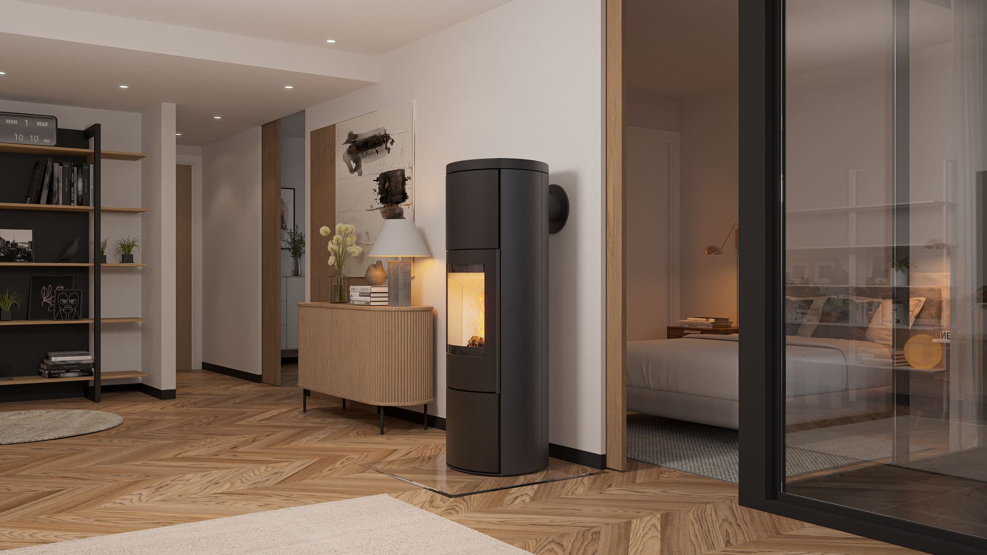CB-tec VAIO IQ 33 XL Kaminofen in Stahl anthrazit, schlanke hohe Bauform mit hochliegendem Sichtfenster, in einem Wohnraum mit Fischgrätparkett