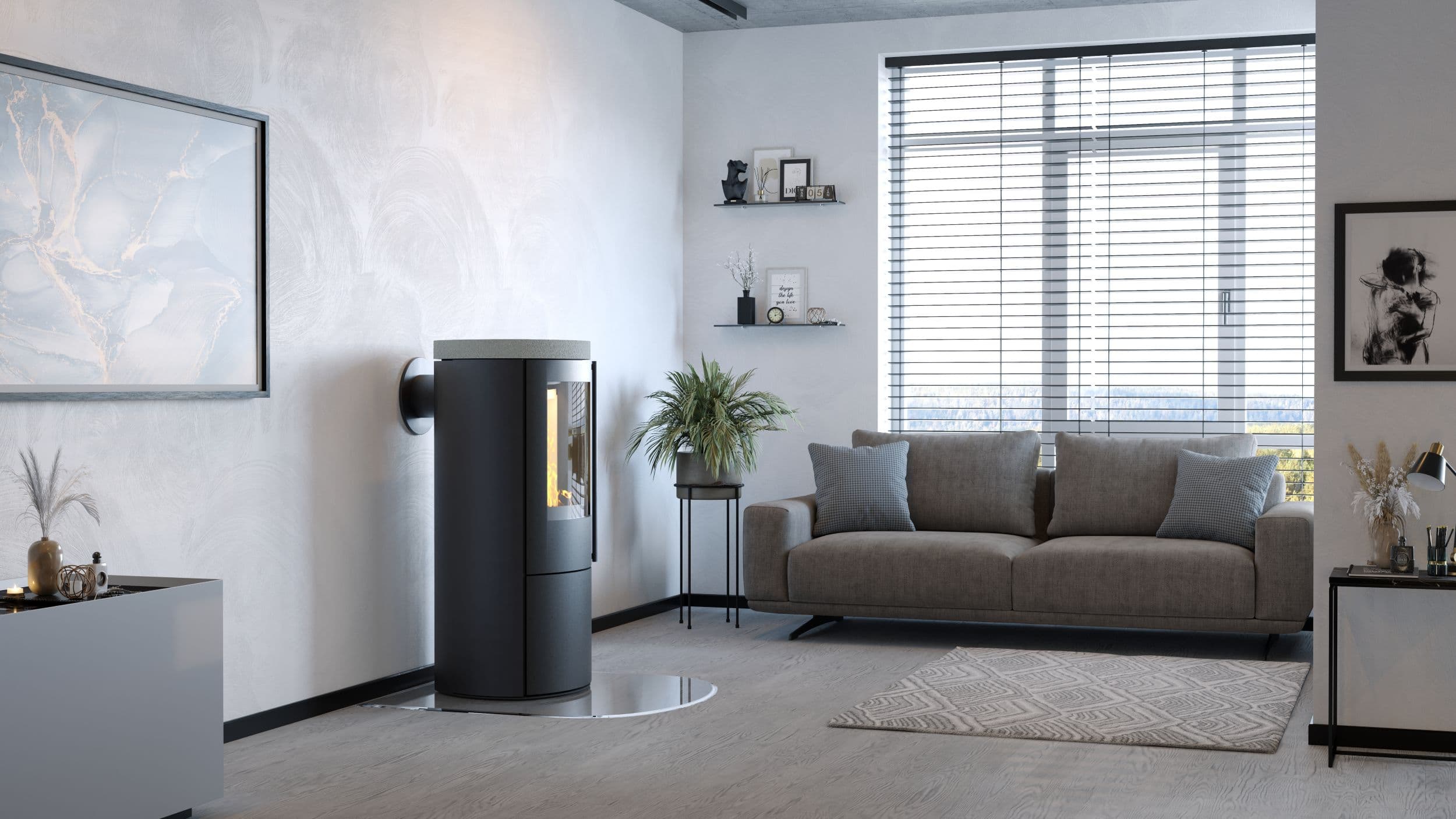 VAIO IQ 33 XL in Stahl mit Deckplatte aus Grigio Augusta, heller Wohnraum mit Sofa und Fensterfront