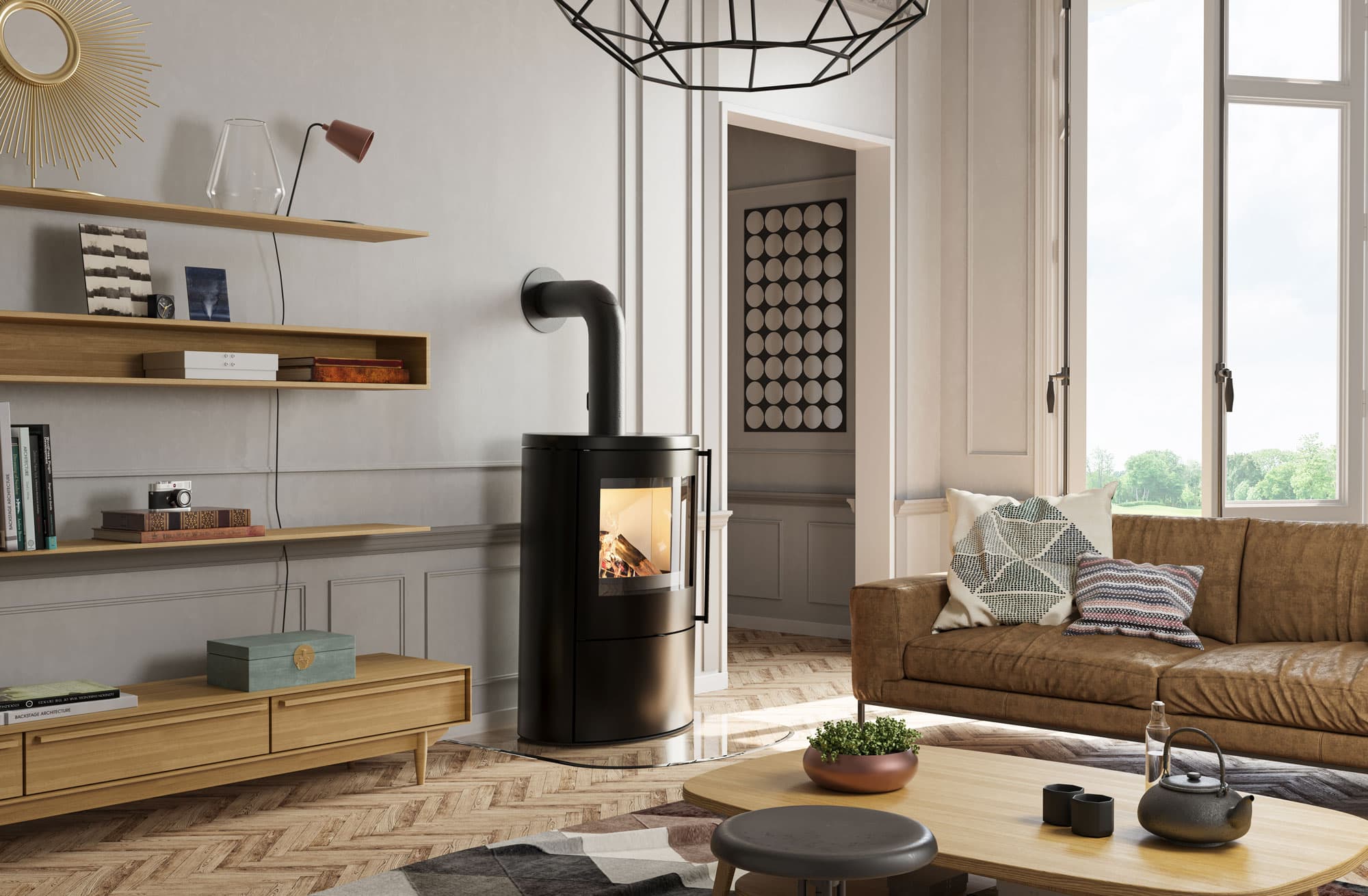 CB-tec VAIO IQ 55 Kaminofen in Stahl mit 53 cm breiter Sichtscheibe, Wohnraum mit Holzregal und Ledersofa