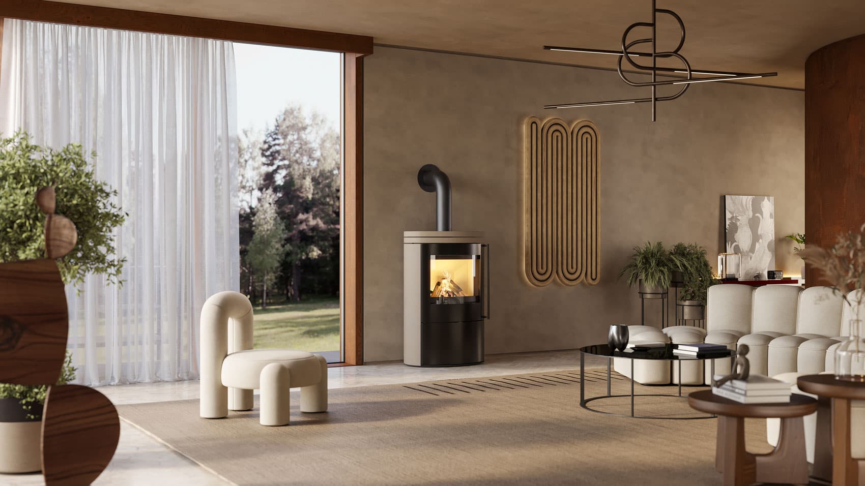 VAIO IQ 55 mit Natursteinmantel Beige Matera, heller Wohnraum mit Wanddekoration und Fenster ins Grüne