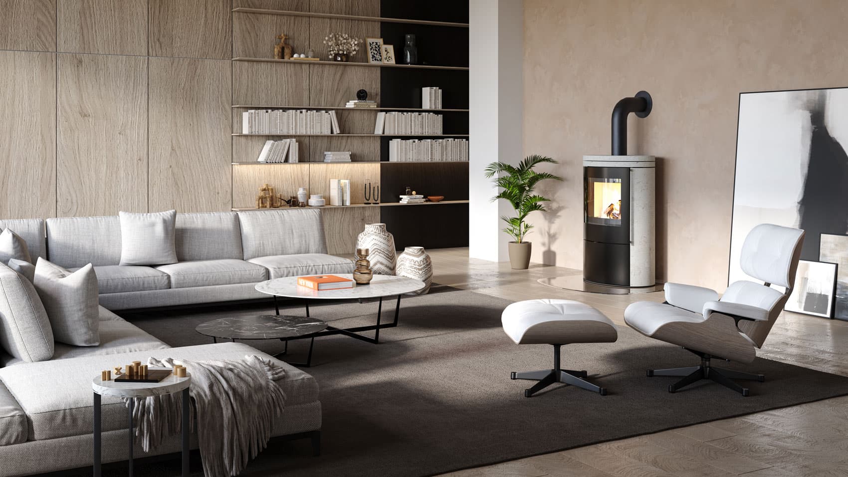 VAIO IQ 55 in Beige Vittoria mit zwei Deckplatten in einem großzügigen Wohnzimmer mit hellem Sofa