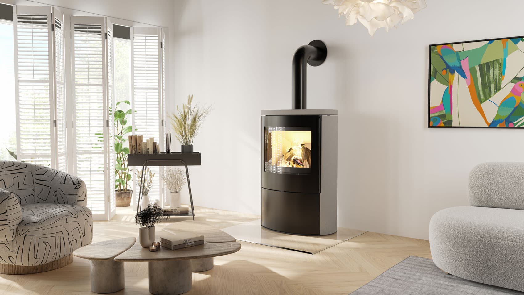 VAIO IQ 55 mit Natursteinmantel Grigio Augusta und einer Deckplatte, heller Wohnraum mit Fensterfront