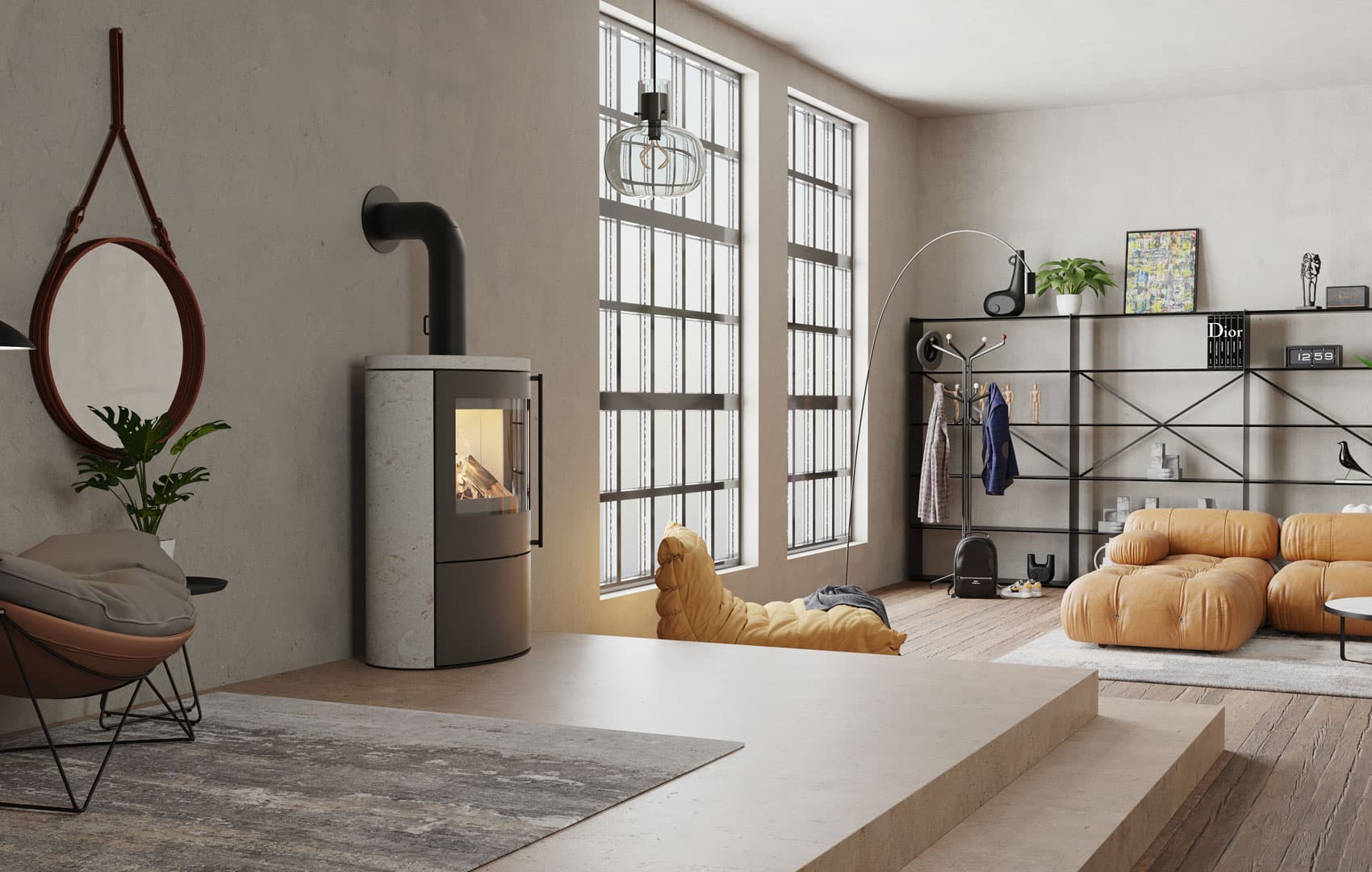 VAIO IQ 55 mit Natursteinmantel Beige Vittoria vor Sprossenfenstern, Wohnraum mit Sitzsack und Garderobe