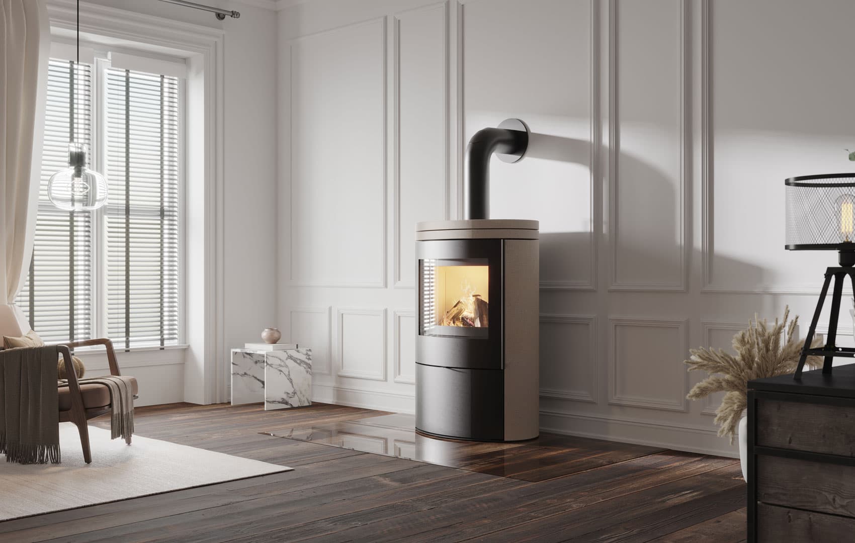 CB-tec VAIO IQ 55 Kaminofen mit hellem Natursteinmantel und zwei Deckplatten in einem Altbauzimmer mit Stuck und Sprossenfenstern