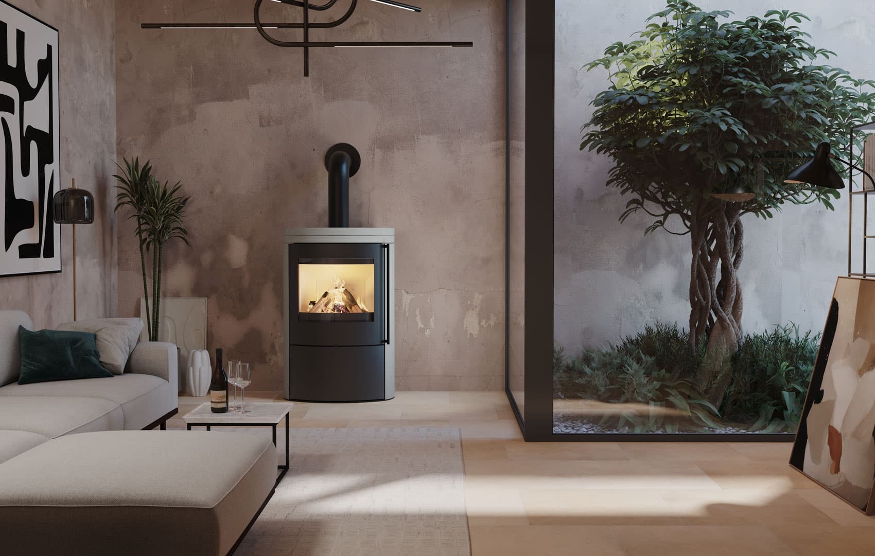 VAIO IQ 55 in Grigio Augusta mit zwei Deckplatten, Wohnraum mit großformatigem Wandbild und Zimmerbaum