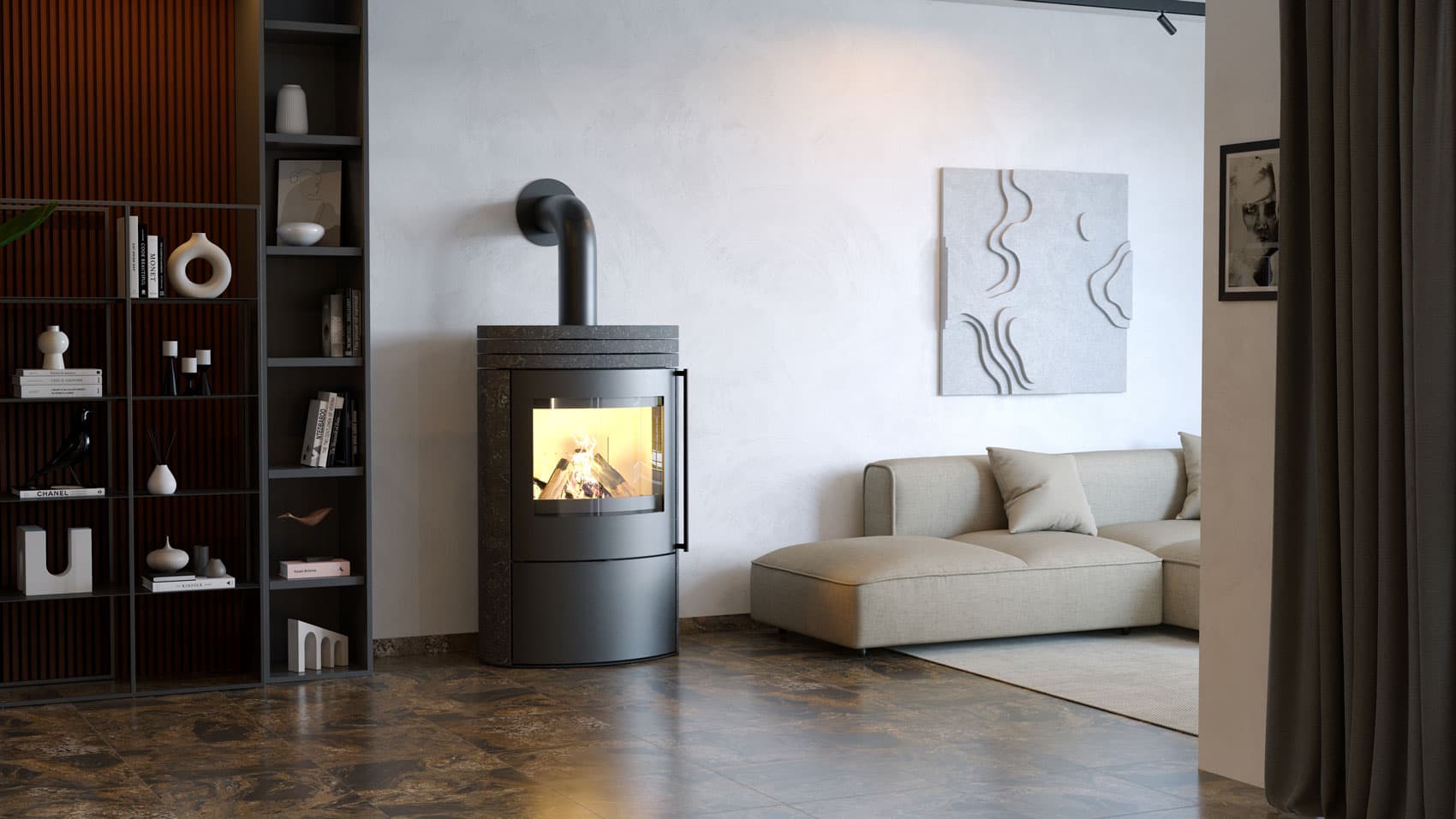 VAIO IQ 55 in Nero Marsala mit drei Deckplatten vor dunklem Regal, warmer Feuerschein