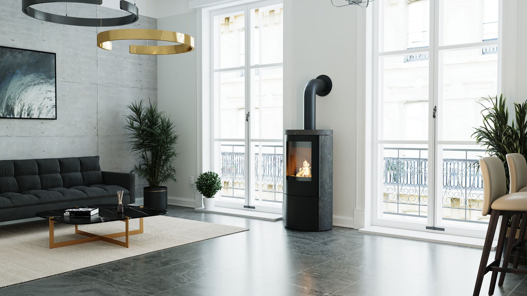 VAIO IQ Top 1 mit dunklem Natursteinmantel und dunkler Schamotte im Feuerraum, Altbauzimmer mit Fenstertür zum Balkon