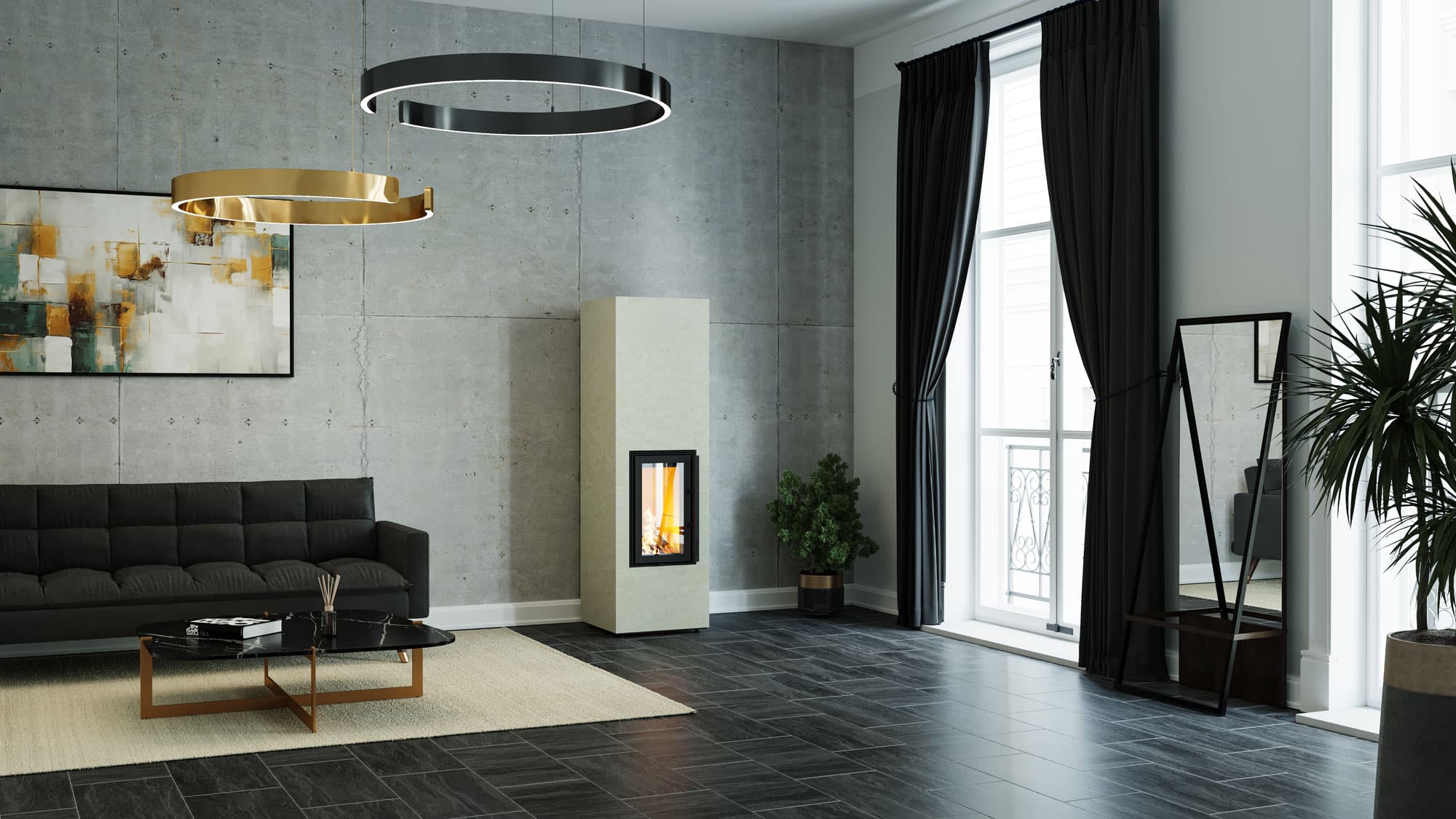 monolith depot D10 Speicherofen aus massivem Naturstein Beige Varese in einem Wohnraum