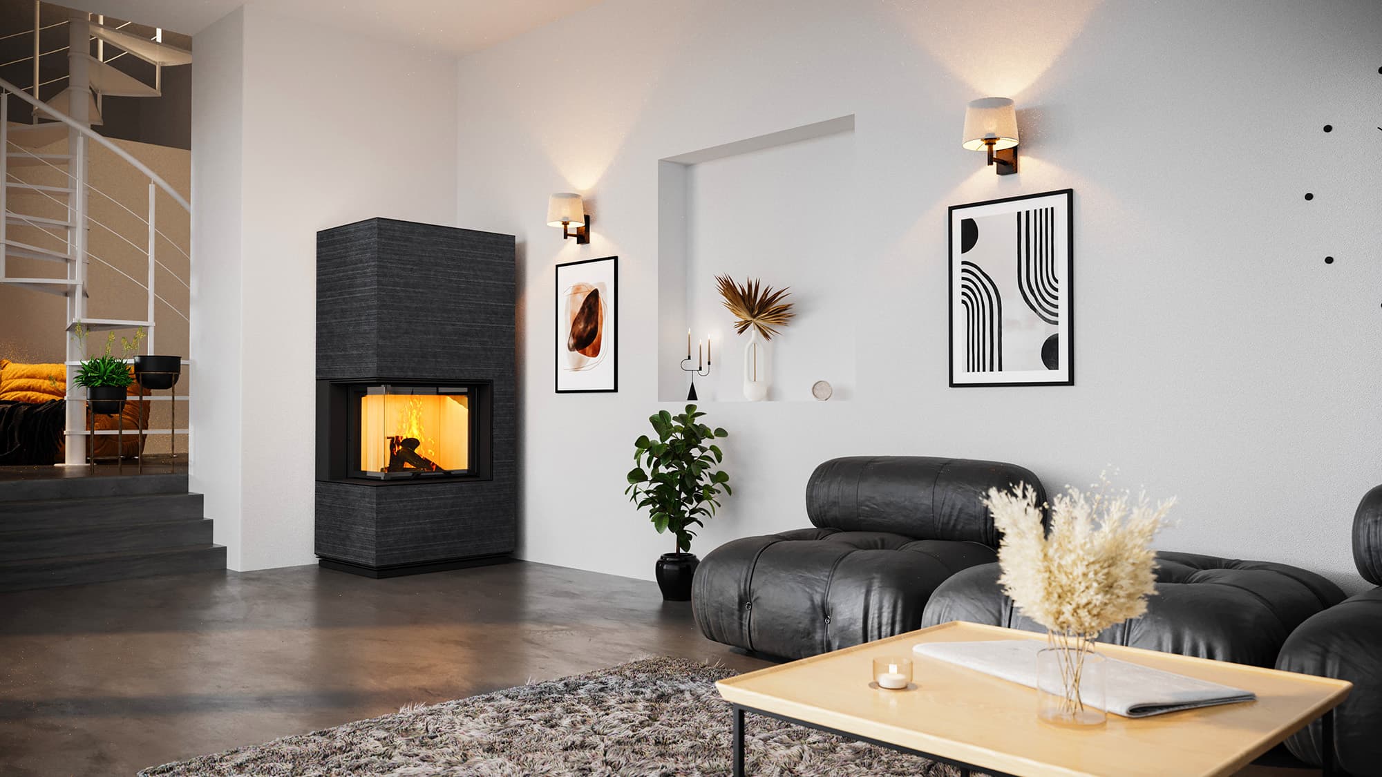 monolith modul L20 Heizkamin mit massiver Natursteinhuelle Nero Ferrara und breiter Feuersicht