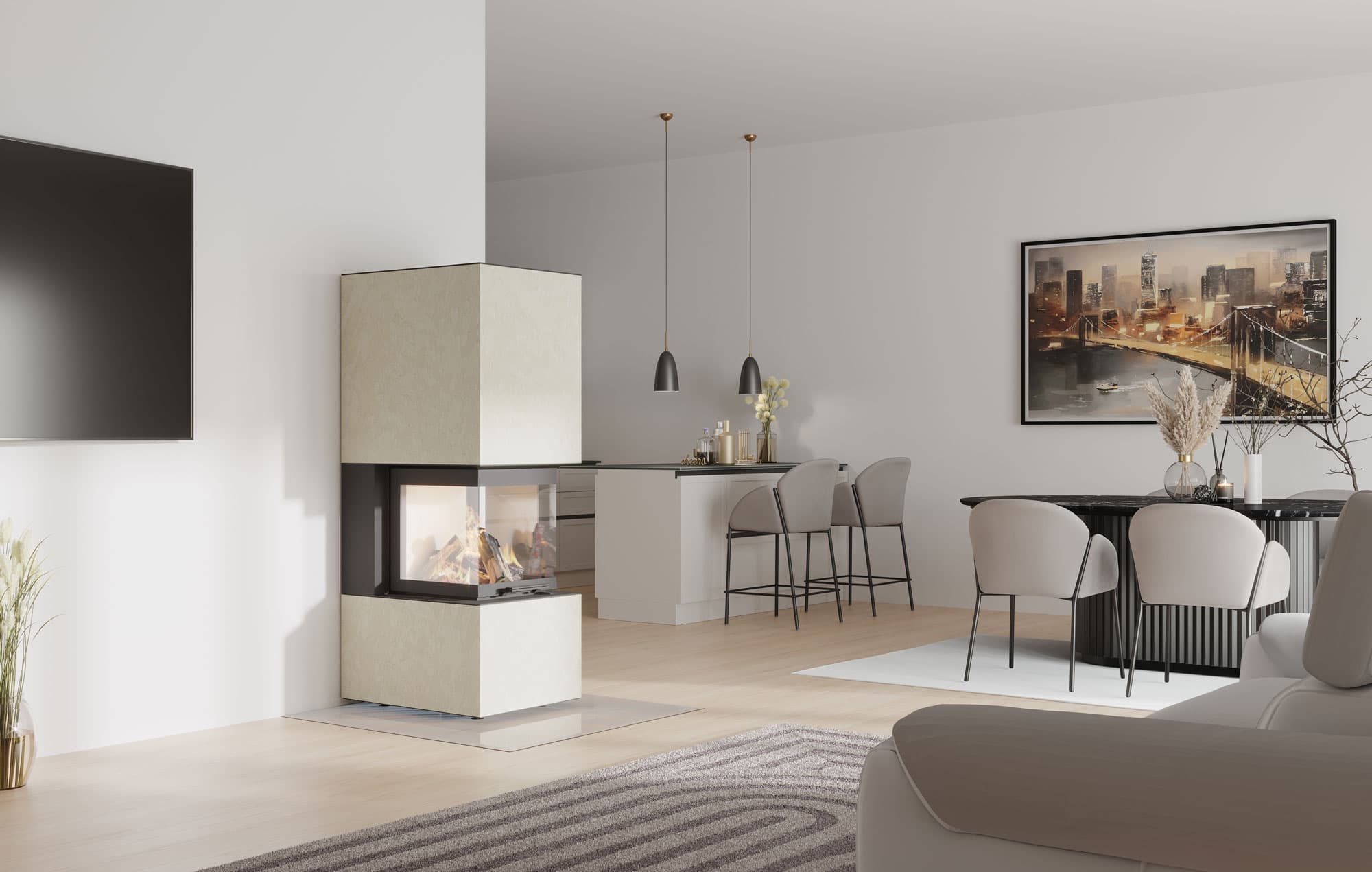 monolith modul U50 Raumteiler aus massivem Naturstein Beige Varese mit dreiseitiger Feuersicht