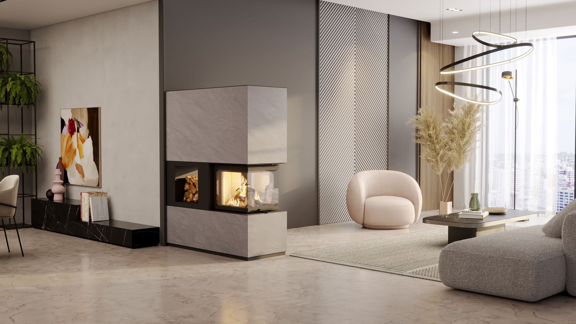monolith modul U55 Raumteiler aus Naturstein Grigio Saronno mit integriertem Holzfach