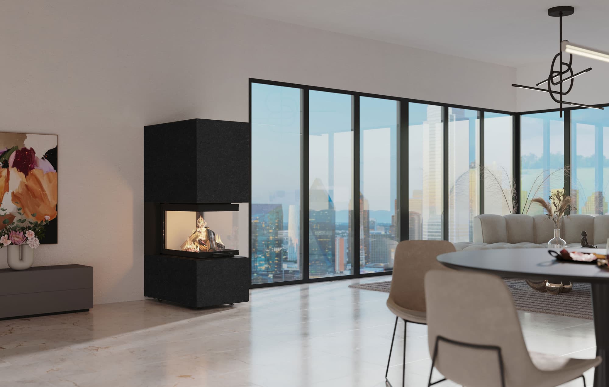 monolith modul U60 Raumteiler aus massivem Naturstein Nero Roma mit dreiseitiger Feuersicht