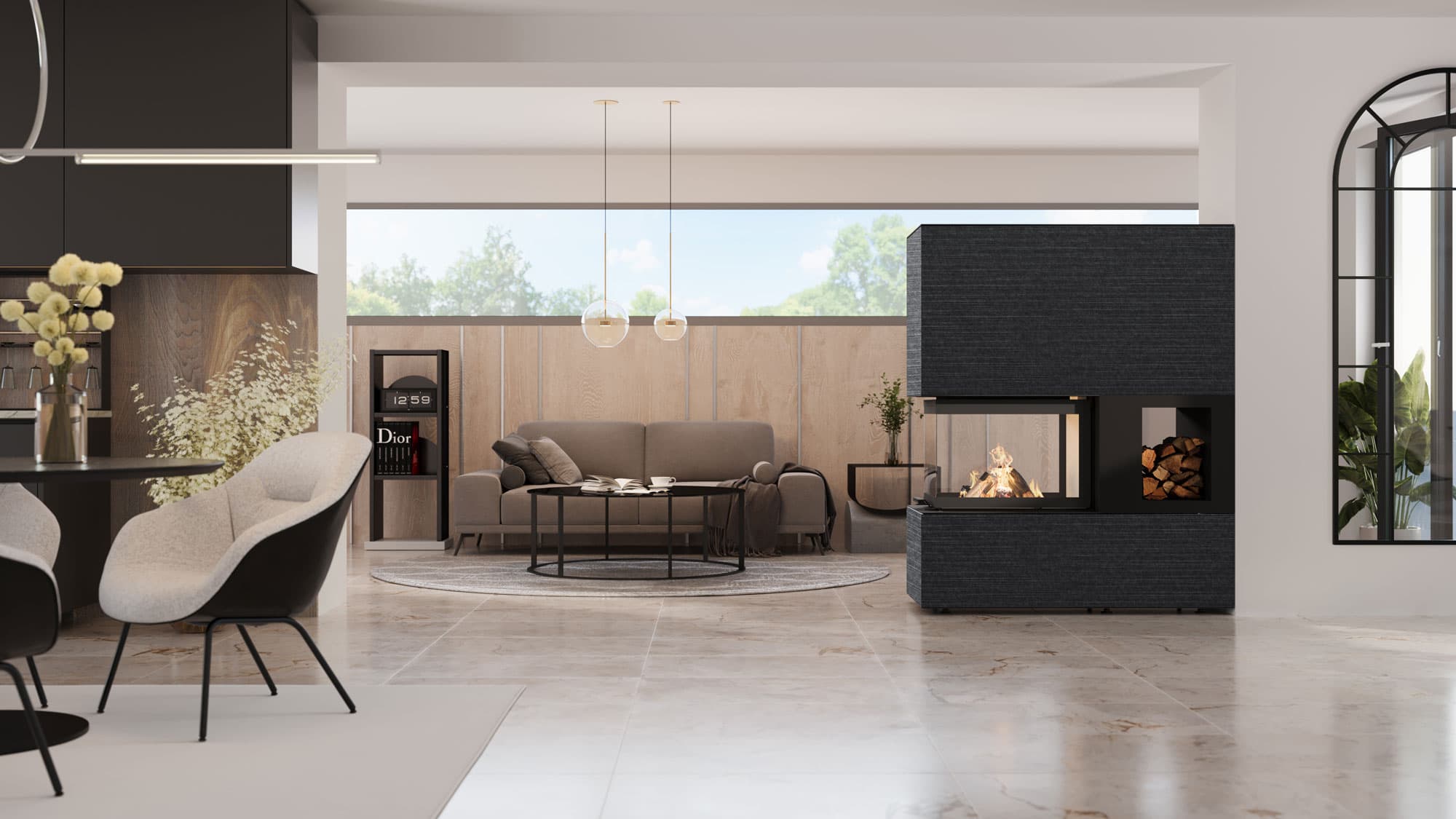 monolith modul U65 Raumteiler aus dunklem Naturstein mit Rillenstruktur und integriertem Holzfach