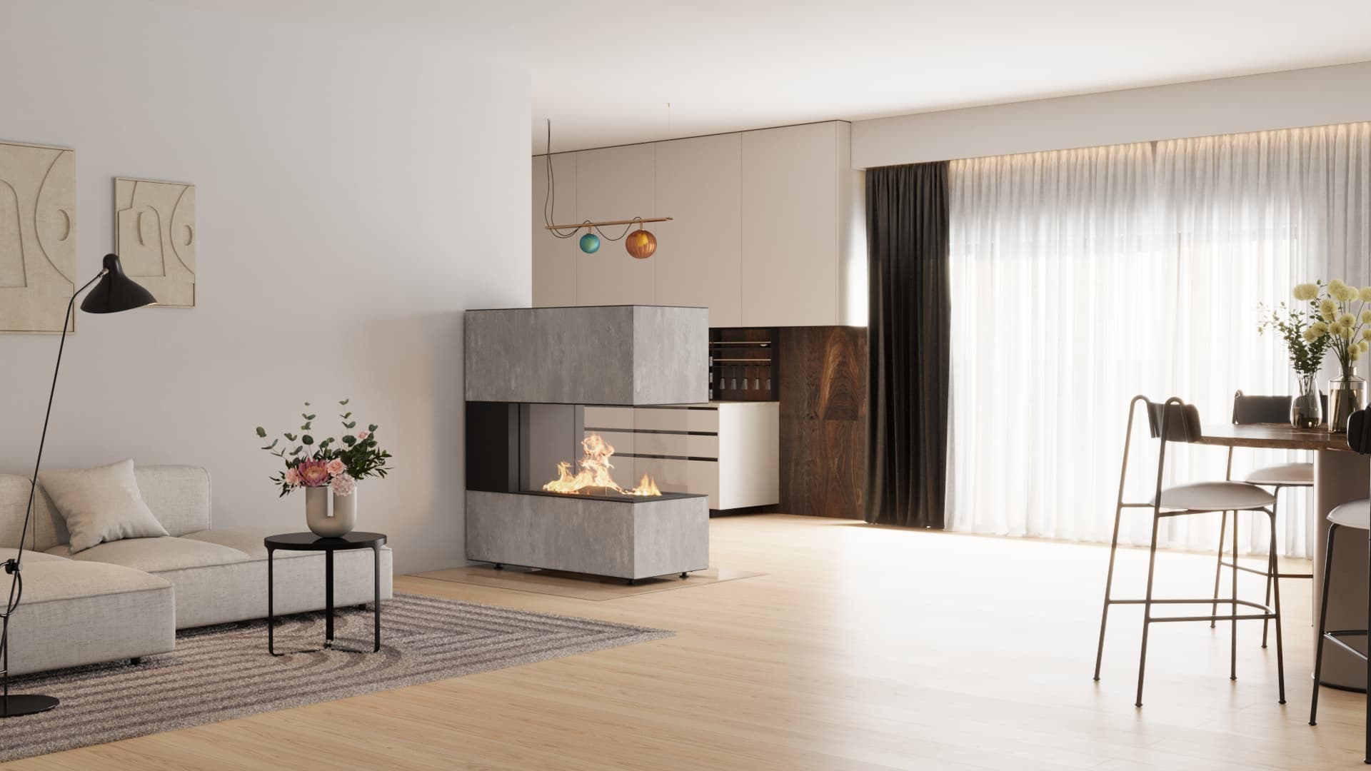 neocube GU 45/90 Gaskamin in der Sinterkeramik New York New York, brennendes Gasfeuer.