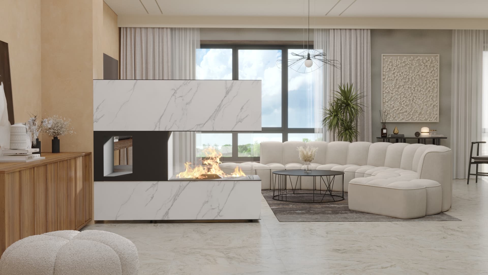 neocube GU 45/90 Gaskamin mit Holzfach und Verkleidung in Calacatta.
