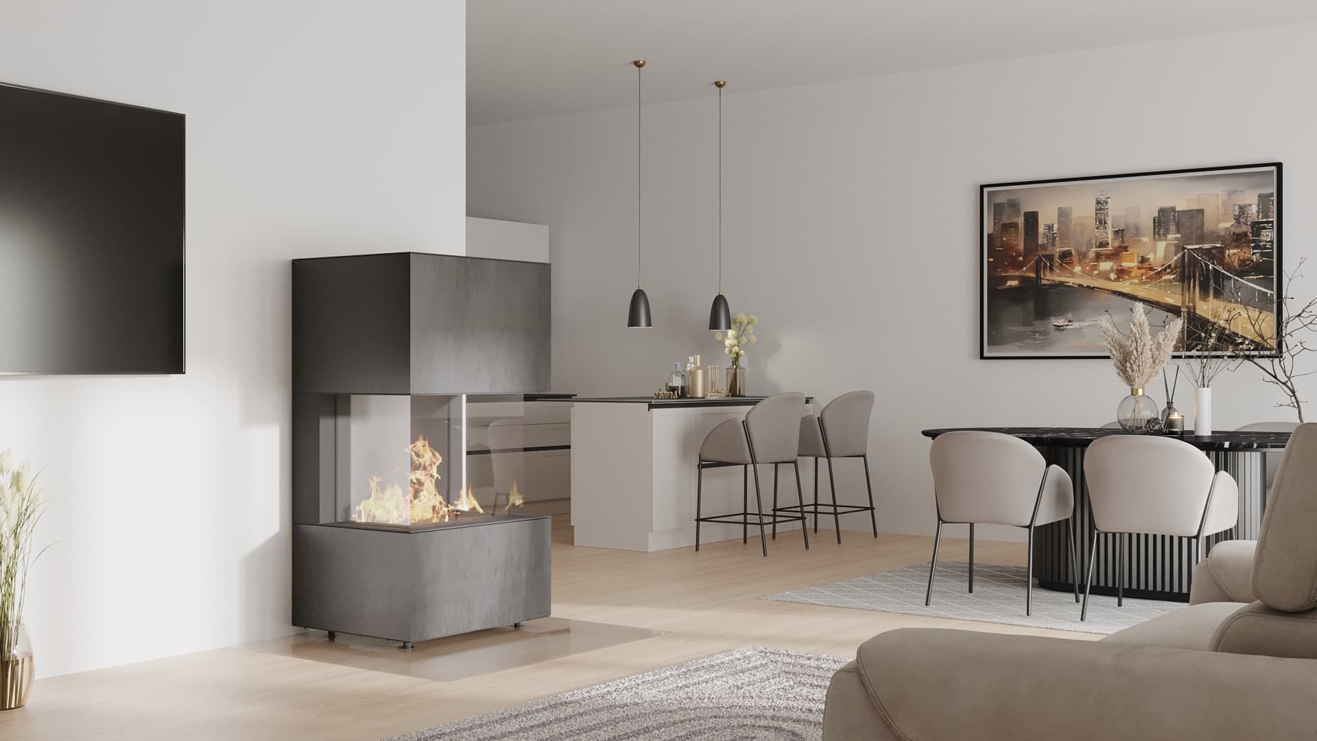 neocube GU 67 Gaskamin in der steel edition mit Rohstahlverkleidung, brennendes Gasfeuer.