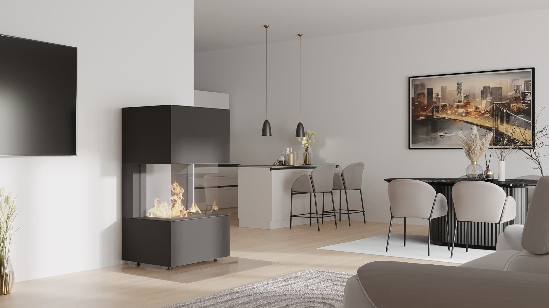 neocube GU 67 Gaskamin mit dreiseitiger Scheibe und Verkleidung in Nero Zimbabwe, brennendes Gasfeuer in einem modernen Wohnraum.