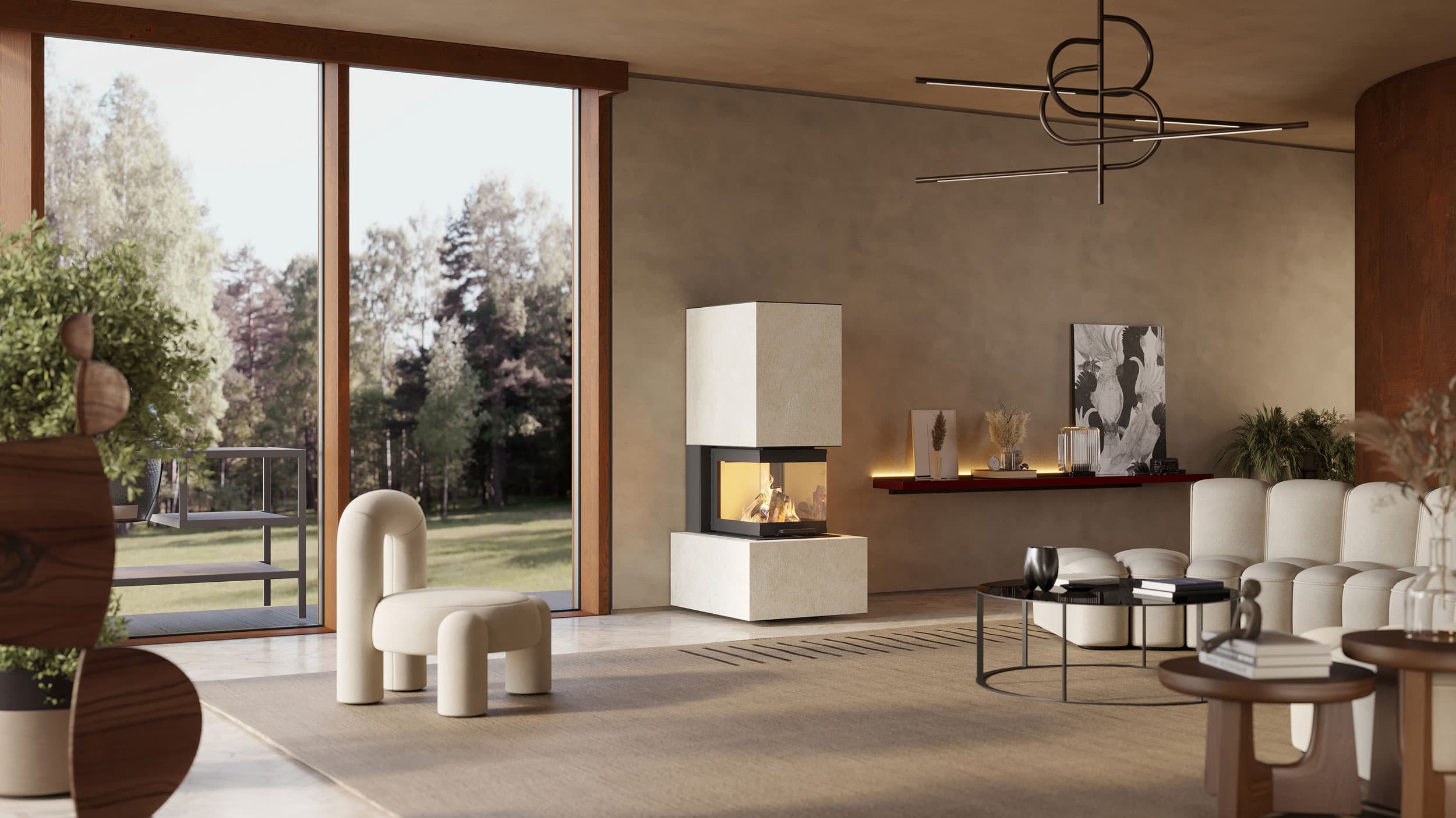 neocube P51 mit mittiger Ofenbank, Sinterkeramik Chianca di Ostuni und Stahl