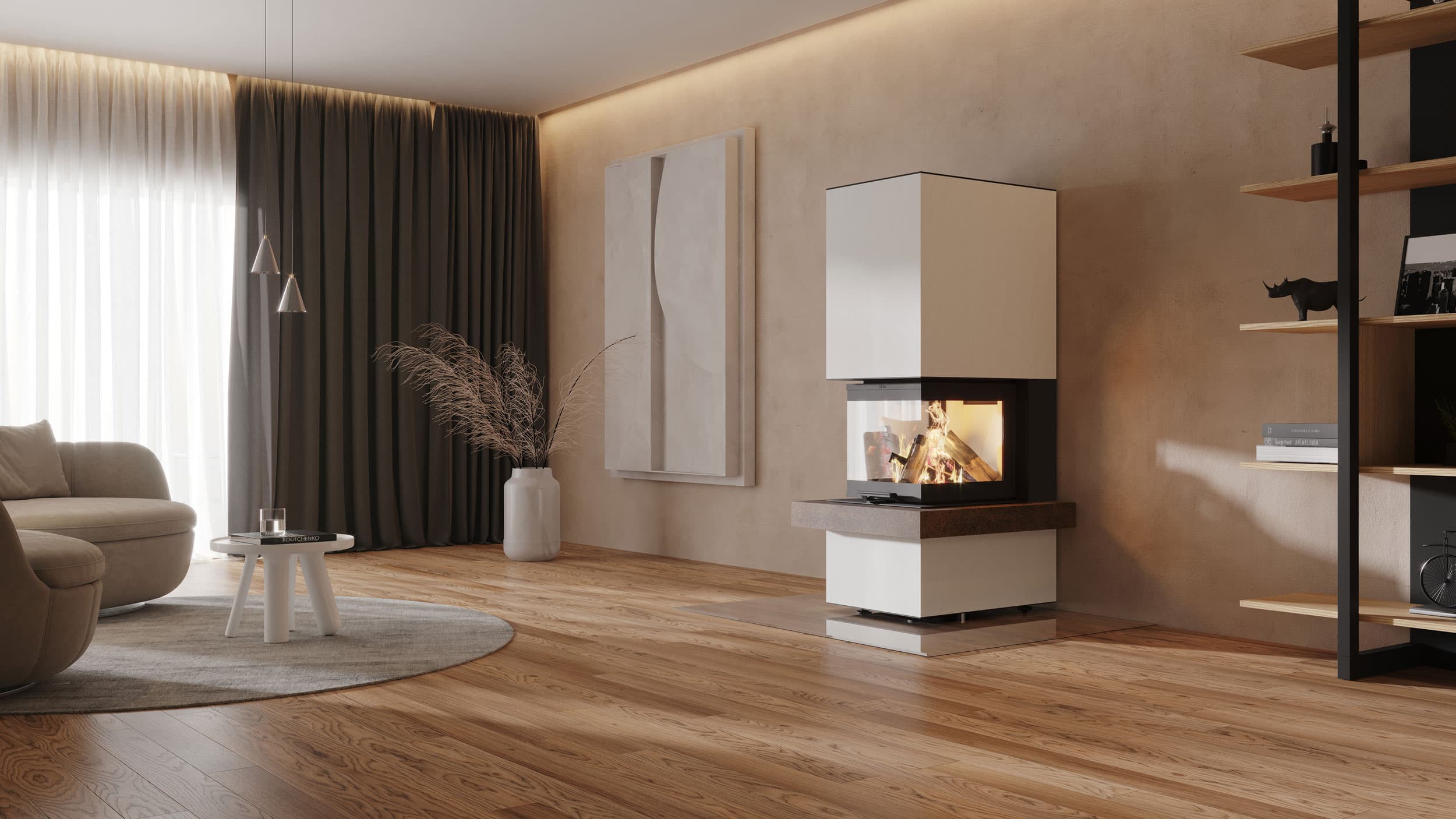 neocube P54 mit Feuersims, Sinterkeramik Ardesia Bianco kombiniert mit Iron Corten