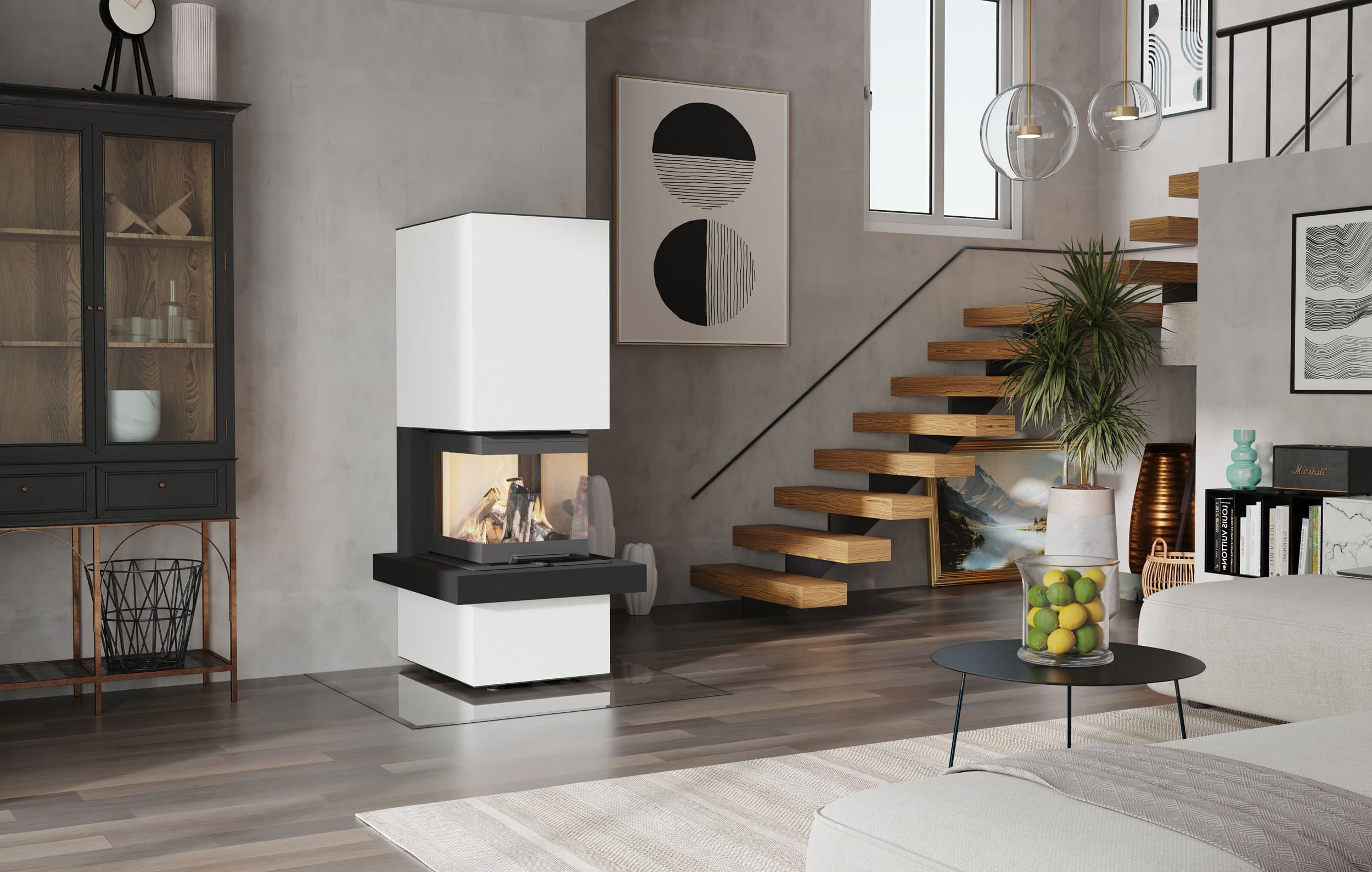 neocube P54 mit Feuersims in Ardesia Bianco und schwarzem Stahl