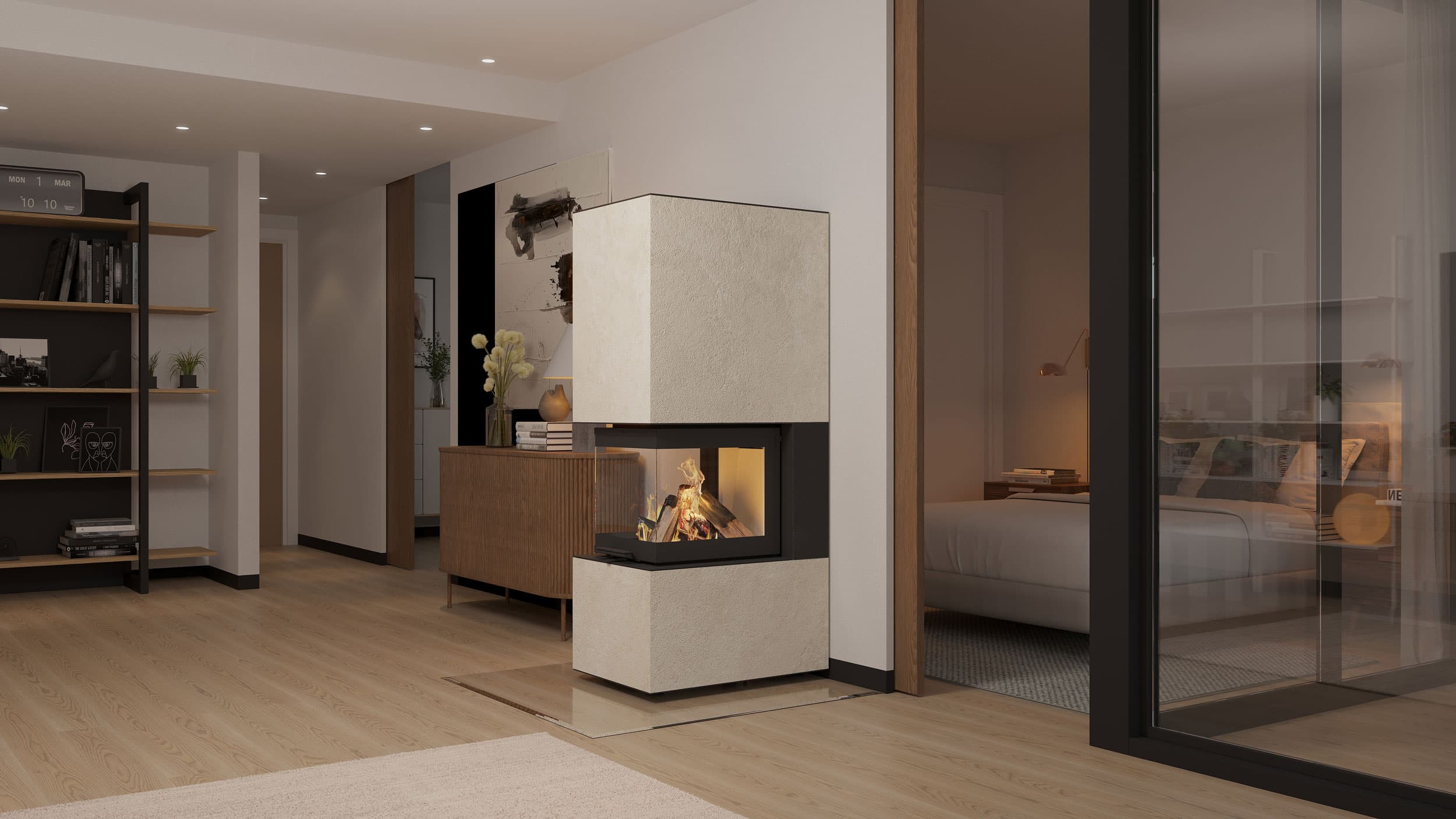 neocube P50 Kaminbausatz mit dreiseitiger Feuersicht, Sinterkeramik Chianca di Ostuni, in einem hellen Wohnraum