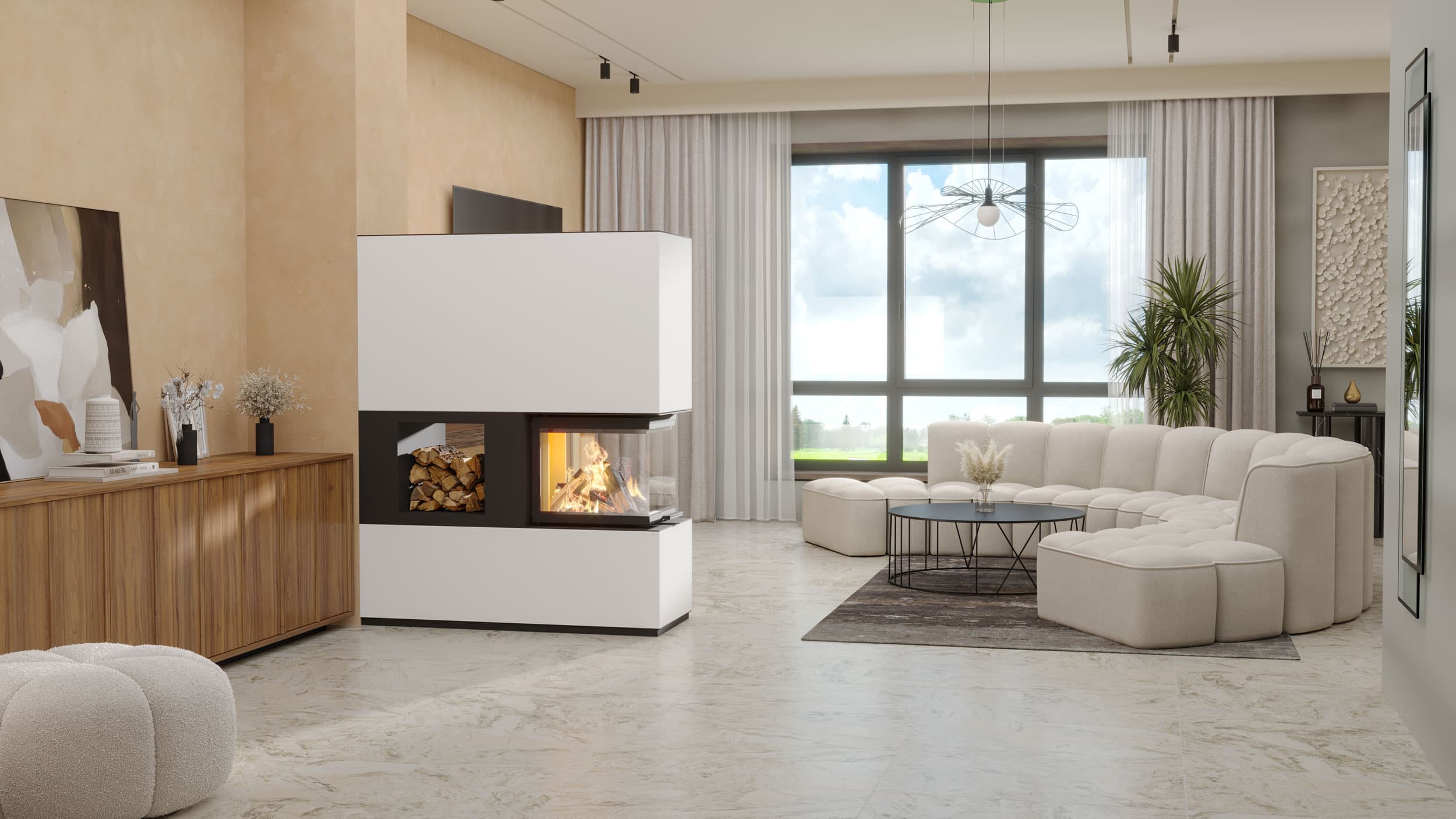 neocube P55 als Raumteiler mit integriertem Holzfach in Durchsicht-Ausfuehrung, weisse Sinterkeramik, brennendes Feuer
