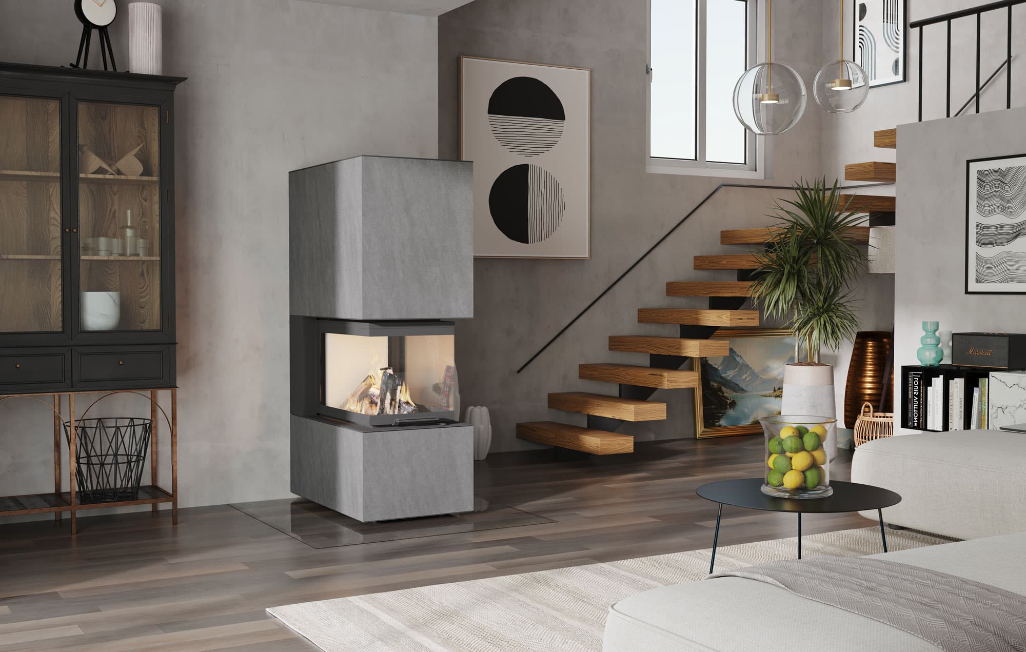 neocube P60 Raumteiler mit 15 kW in Sinterkeramik Basalt Grey, Feuersicht von beiden Seiten