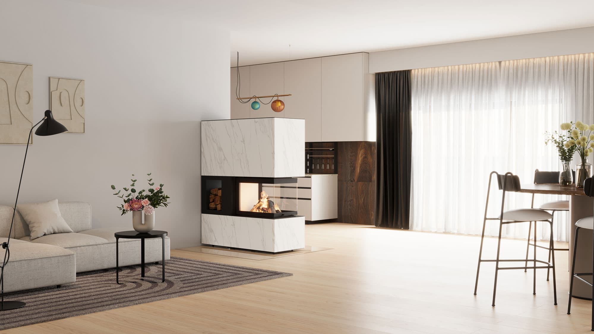 neocube P65 Raumteiler mit integriertem Holzfach in Sinterkeramik Calacatta, 15 kW