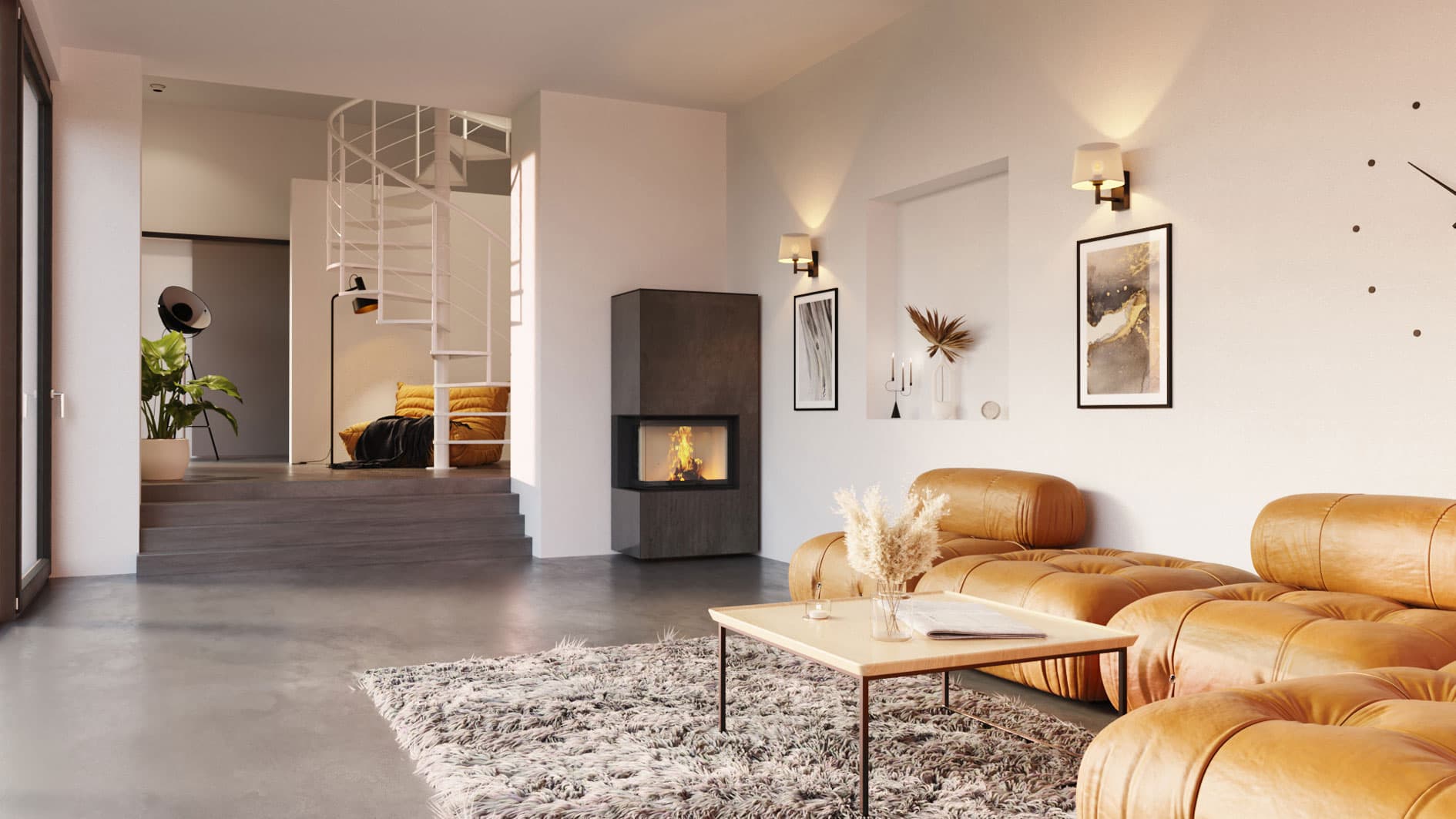 neocube C20 steel edition: Eckkamin in Rohstahl mit brennendem Feuer in einer hellen Wohnung.