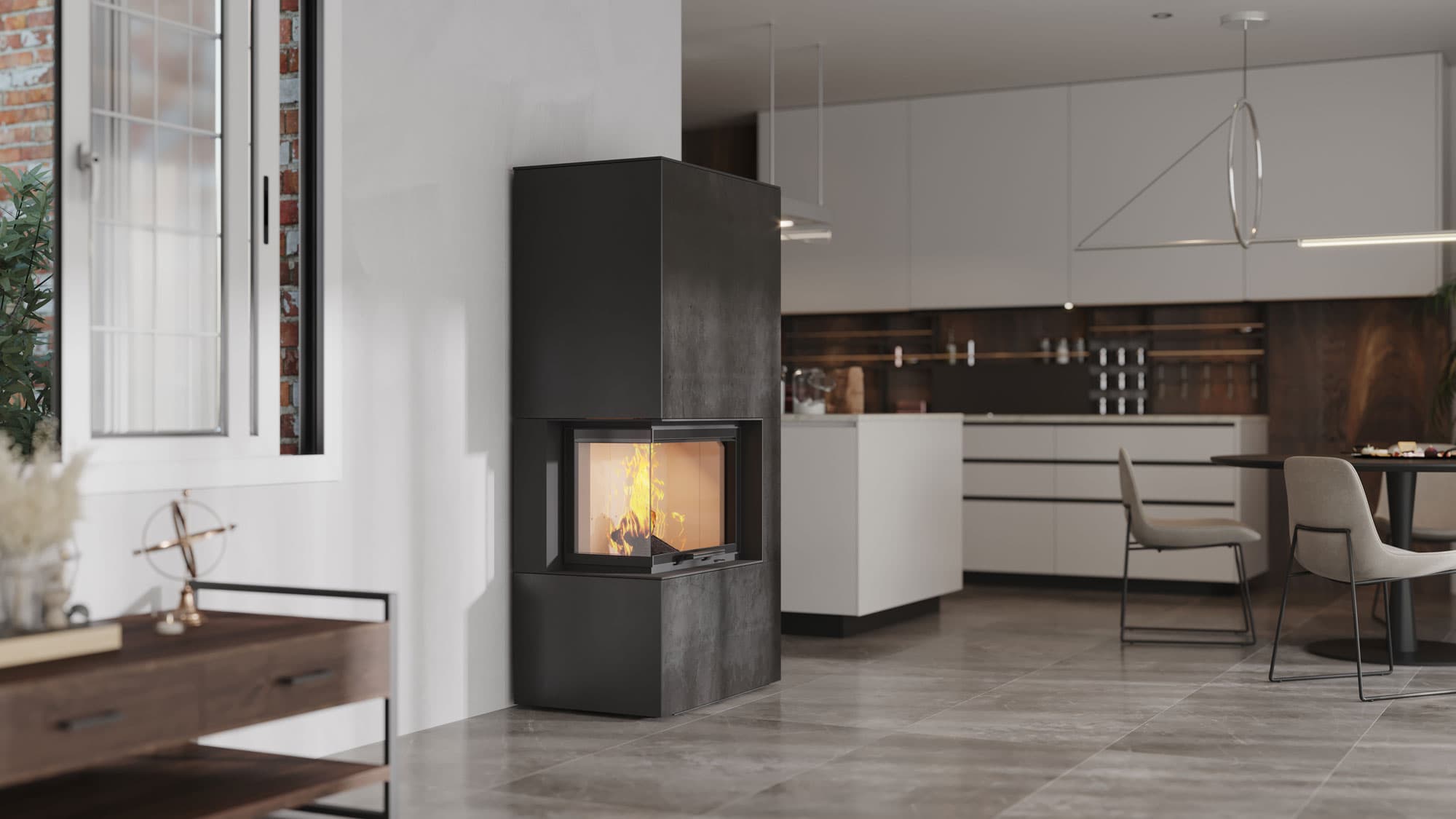 neocube C20 steel edition: Eckkamin in Rohstahl mit brennendem Feuer in einer hellen Wohnung.