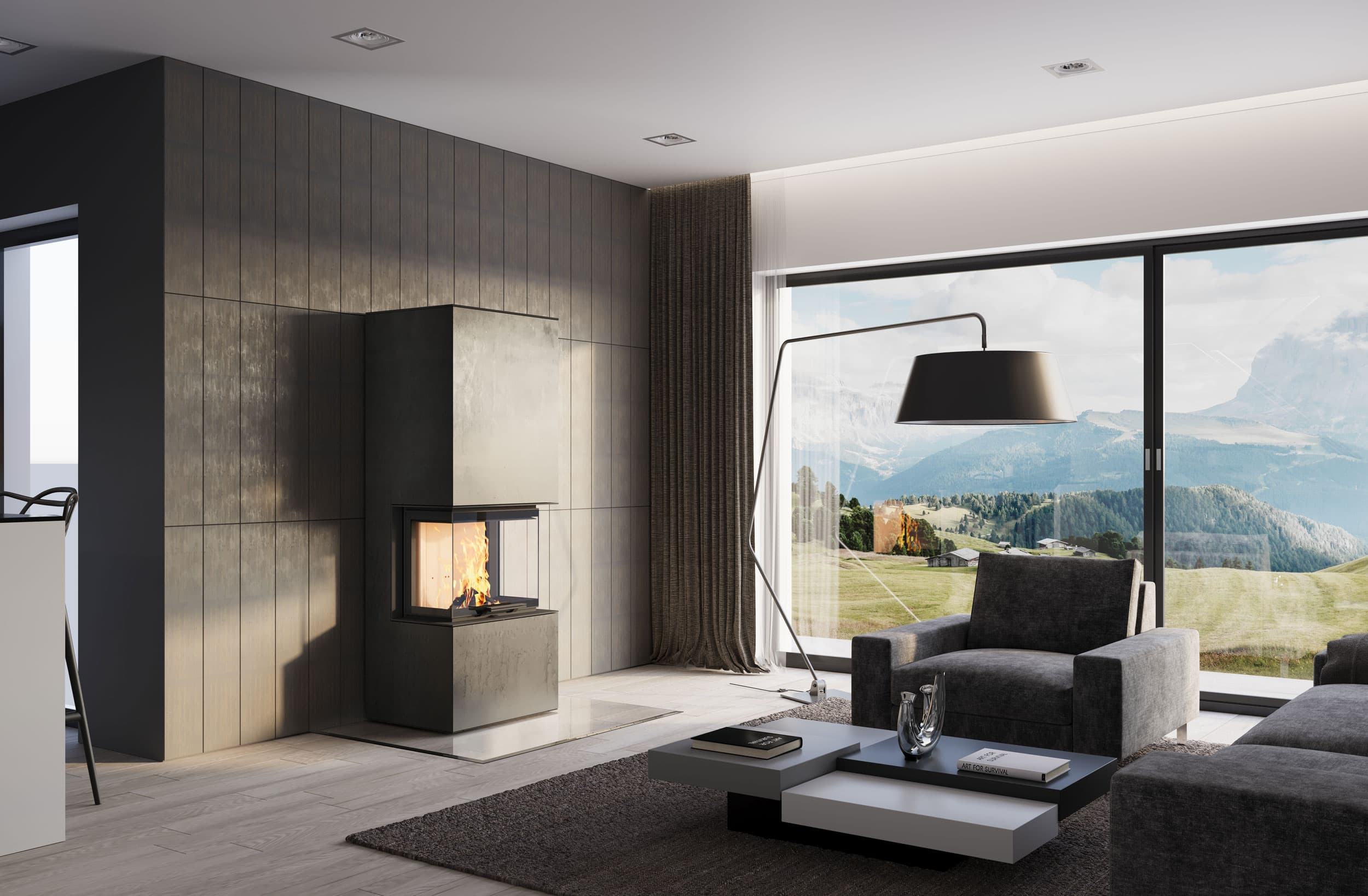 neocube C20 steel edition: Eckkamin in Rohstahl mit brennendem Feuer in einer hellen Wohnung.
