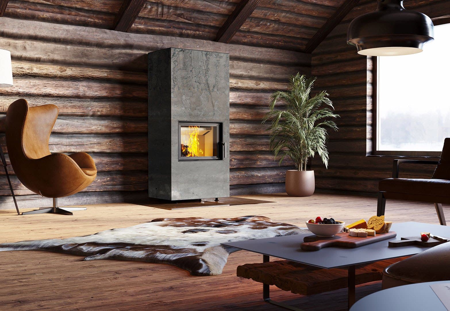 neocube F10 steel edition in einem Blockhaus mit Rundholzwand, brennendes Feuer hinter der Scheibe.