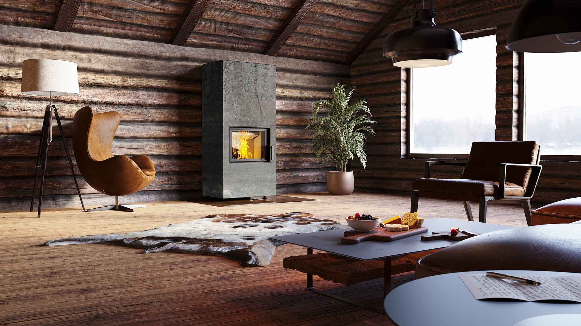 neocube F10 steel edition: Kaminbausatz mit flacher Front und Rohstahlverkleidung, brennendes Feuer hinter der Panoramascheibe.