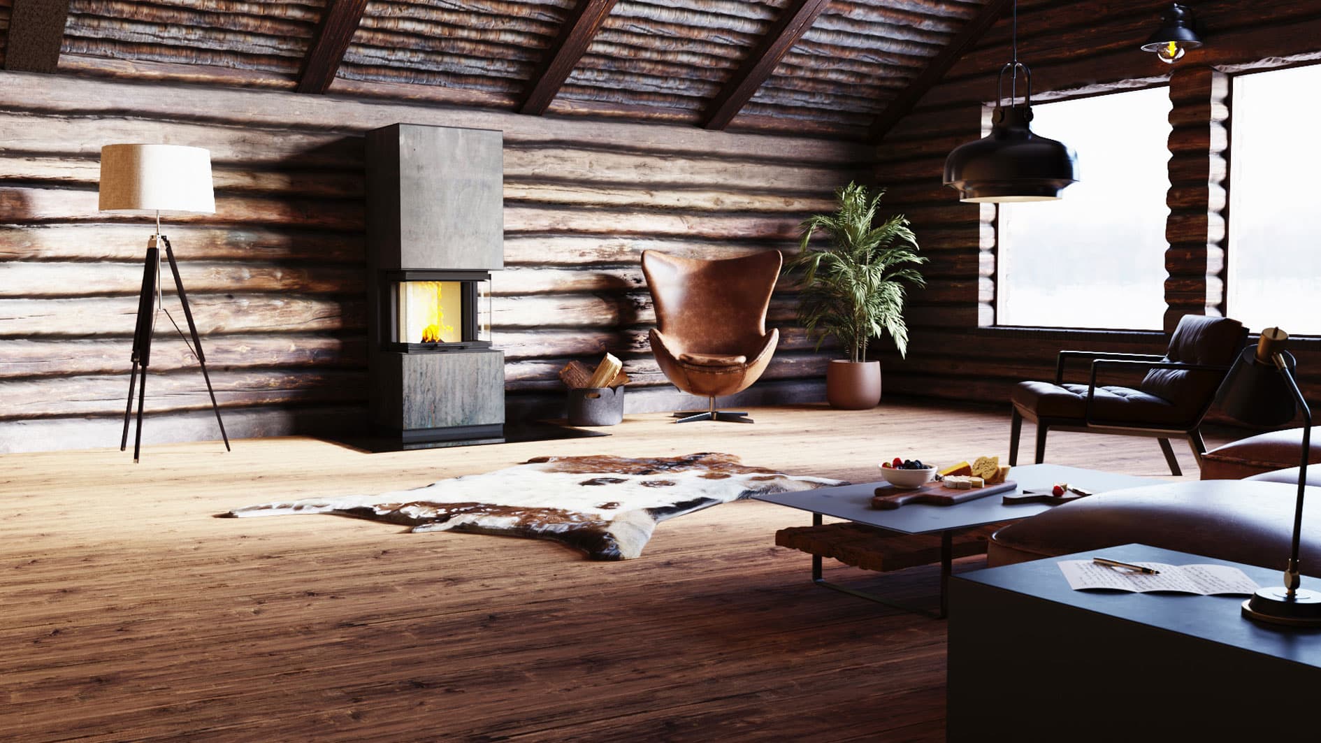 neocube P10 steel edition: schmaler Kaminbausatz mit Panoramascheibe, Korpus aus unbehandeltem Rohstahl, in einem Loft mit Sichtbeton.