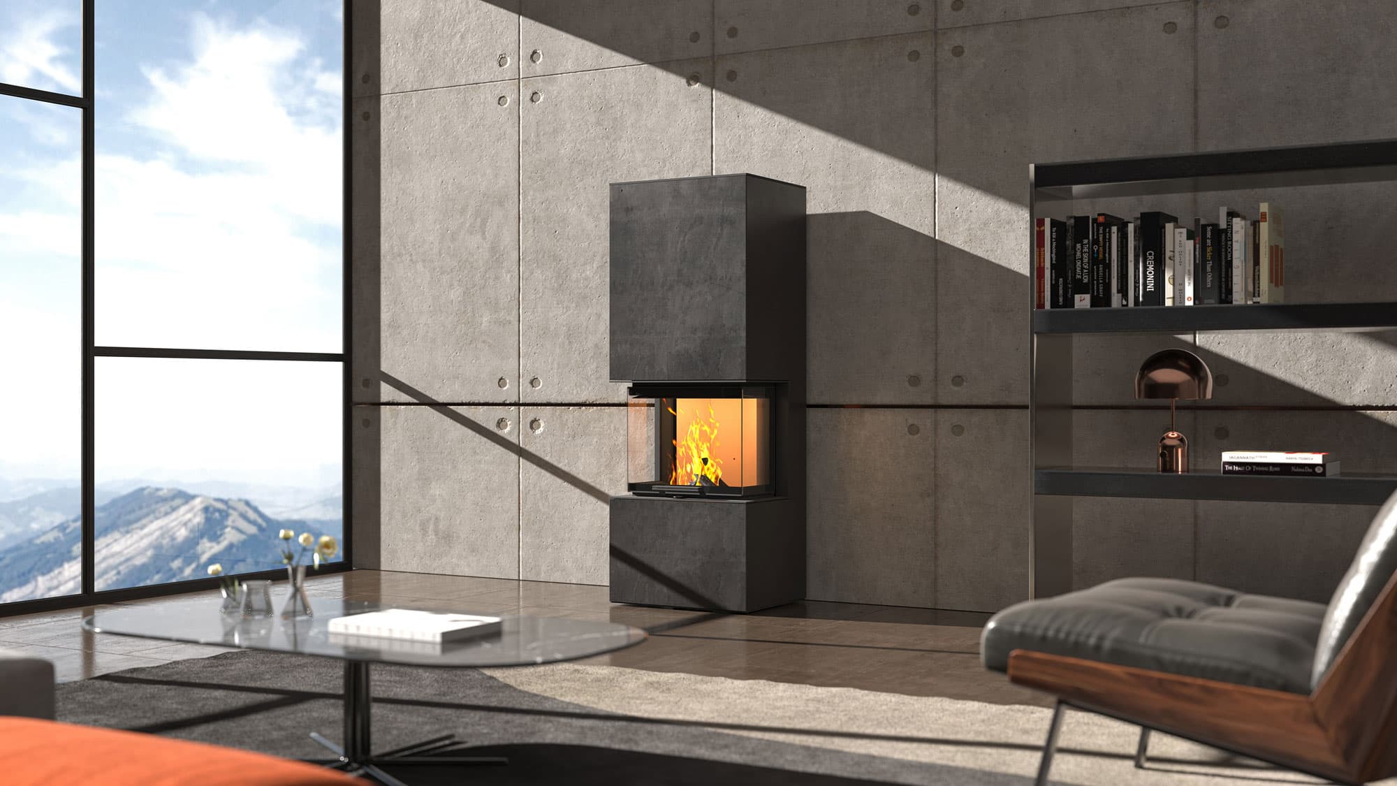 neocube P10 steel edition: schmaler Kaminbausatz mit Panoramascheibe, Korpus aus unbehandeltem Rohstahl, in einem Loft mit Sichtbeton.