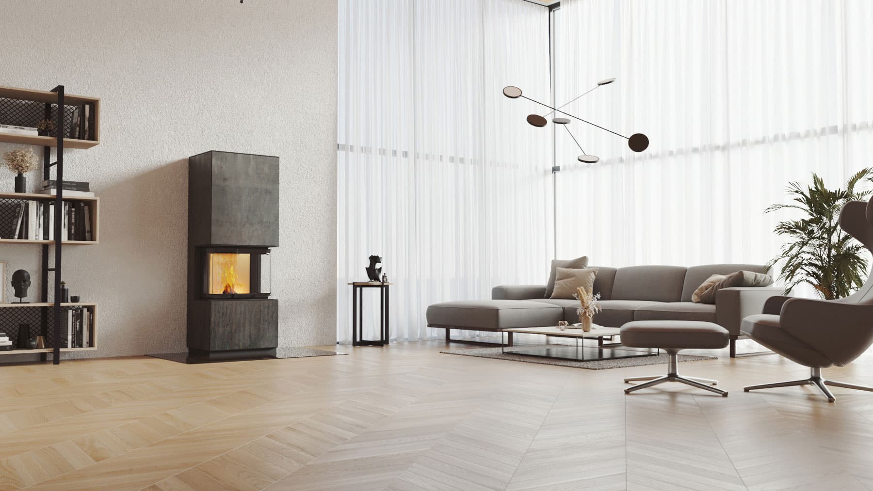 neocube P10 steel edition: schmaler Kaminbausatz mit Panoramascheibe, Korpus aus unbehandeltem Rohstahl, in einem Loft mit Sichtbeton.