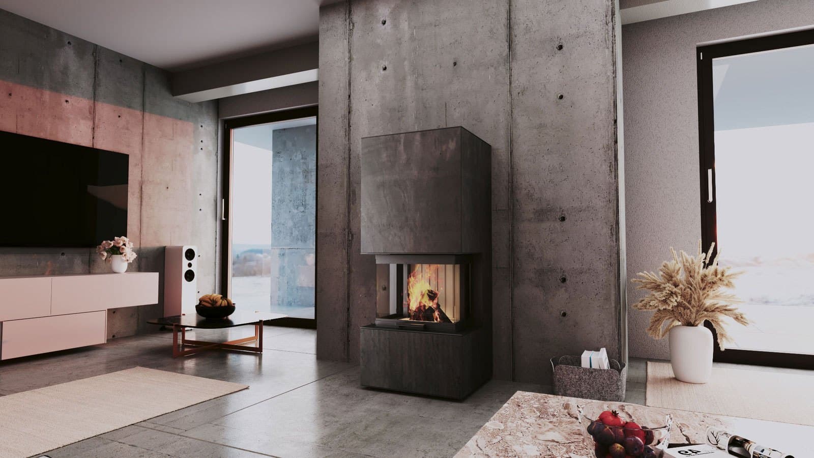 neocube P20 steel edition in einem Loft mit Sichtbetonwand, brennendes Feuer hinter der Panoramascheibe.