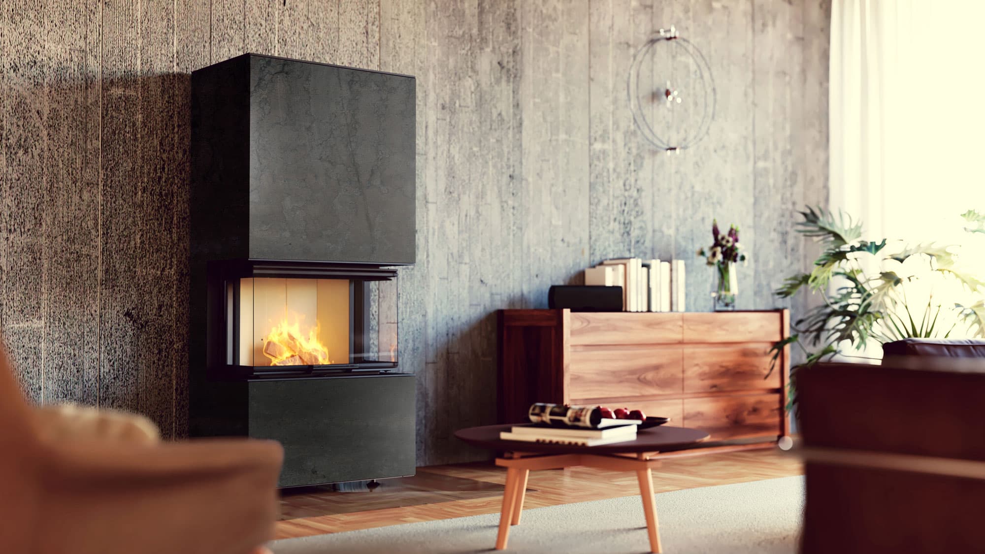 neocube P20 steel edition: breiter Kaminbausatz mit großer Panoramascheibe und Rohstahlverkleidung.
