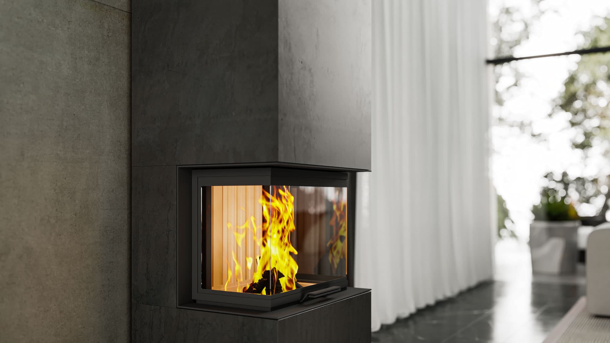 neocube P30 steel edition: großer Kaminbausatz mit 178,8 cm Höhe und Rohstahlverkleidung, brennendes Feuer.