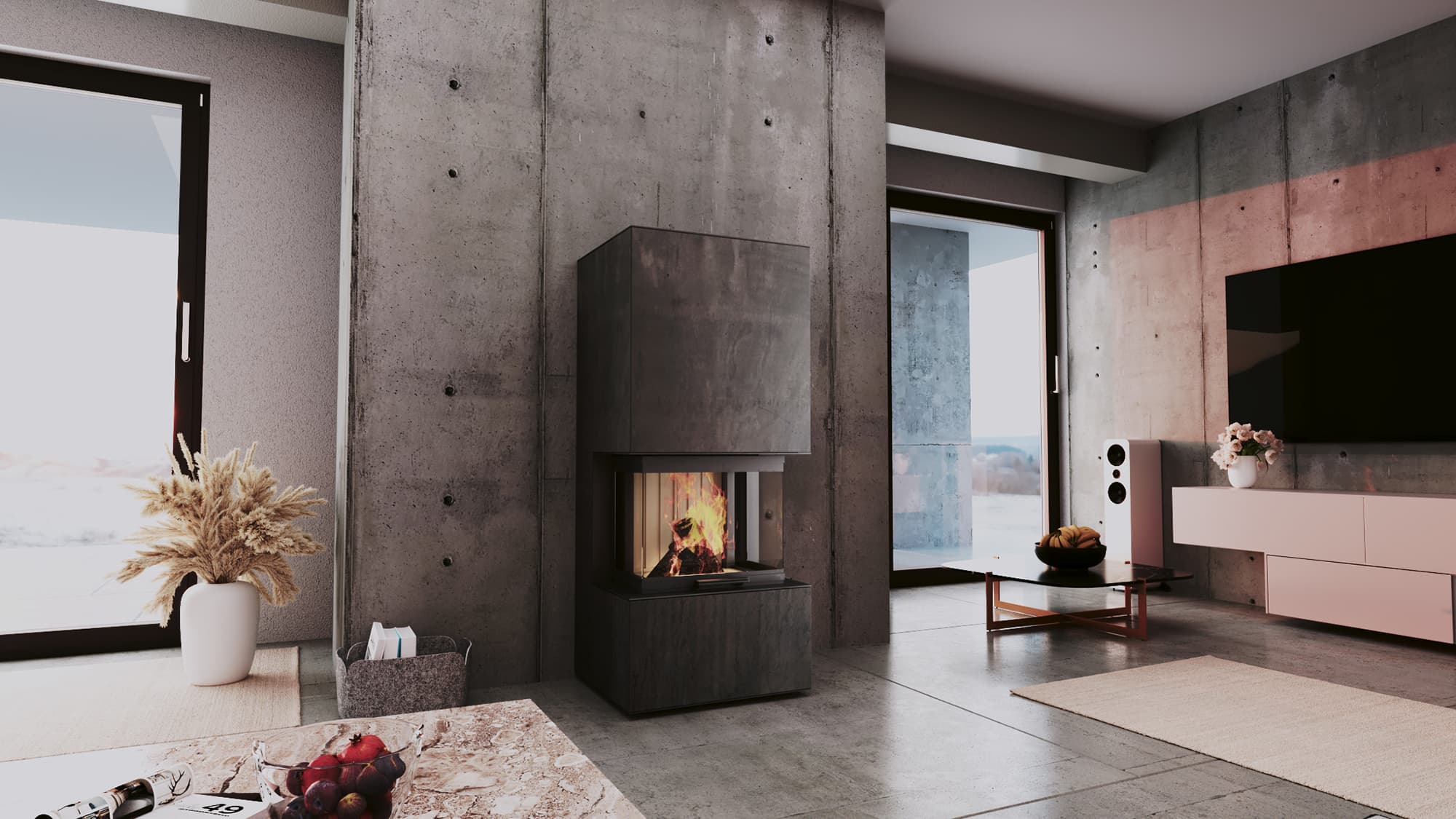 neocube P30 steel edition: großer Kaminbausatz mit 178,8 cm Höhe und Rohstahlverkleidung, brennendes Feuer.