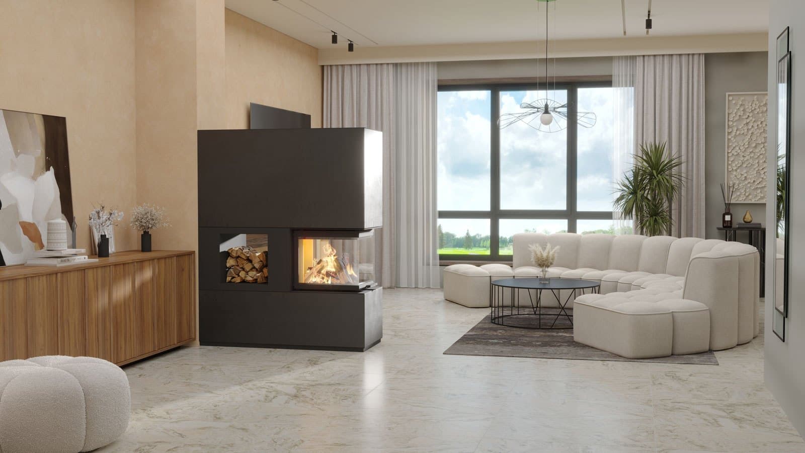 neocube P55 steel edition als Raumteiler in Rohstahl mit offenem Holzfach neben der Feuerscheibe, heller Wohnraum.