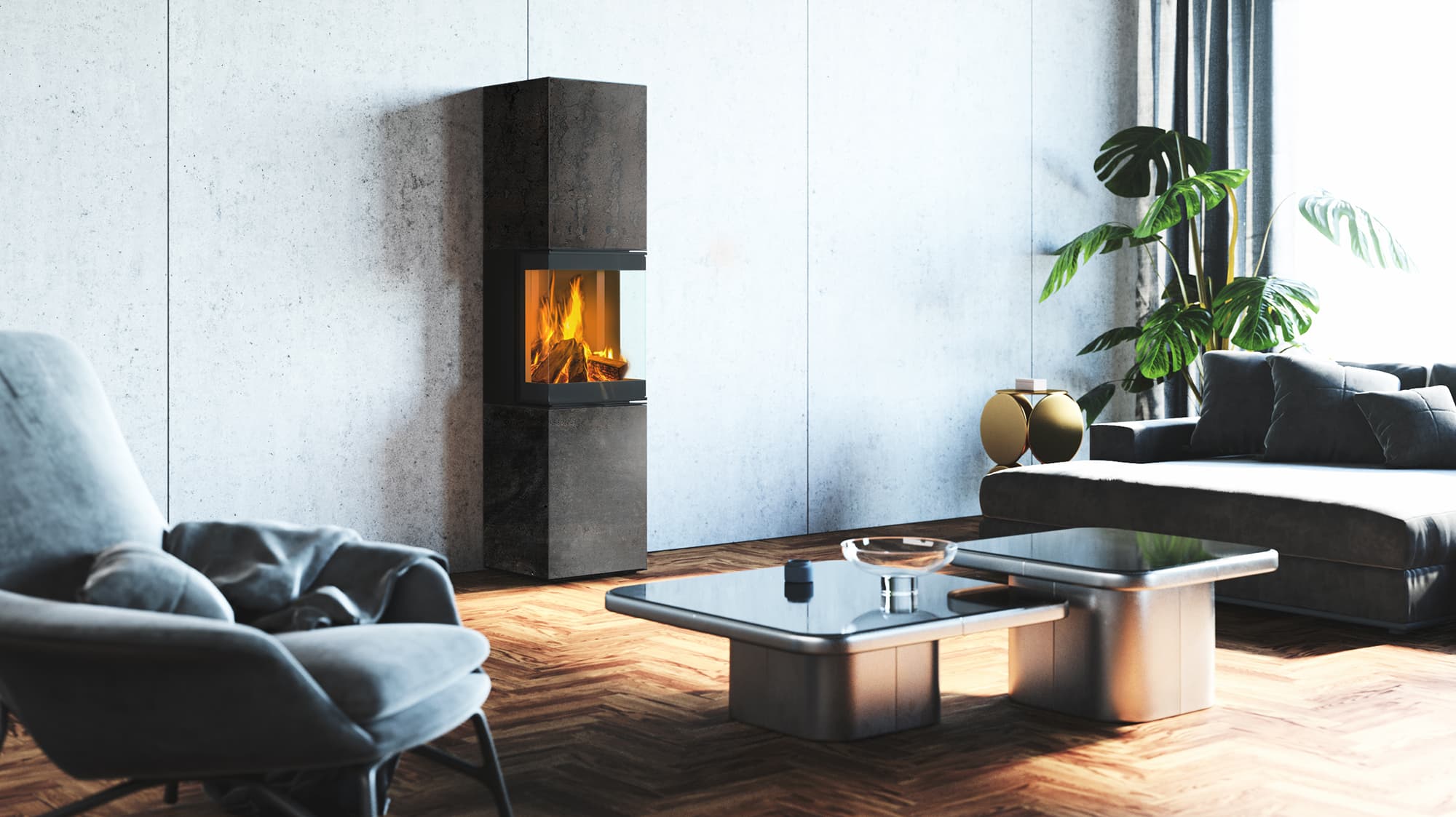neocube S30XL steel edition: hoher schmaler Kaminofen in Rohstahl mit brennendem Feuer in einem hellen Wohnraum.