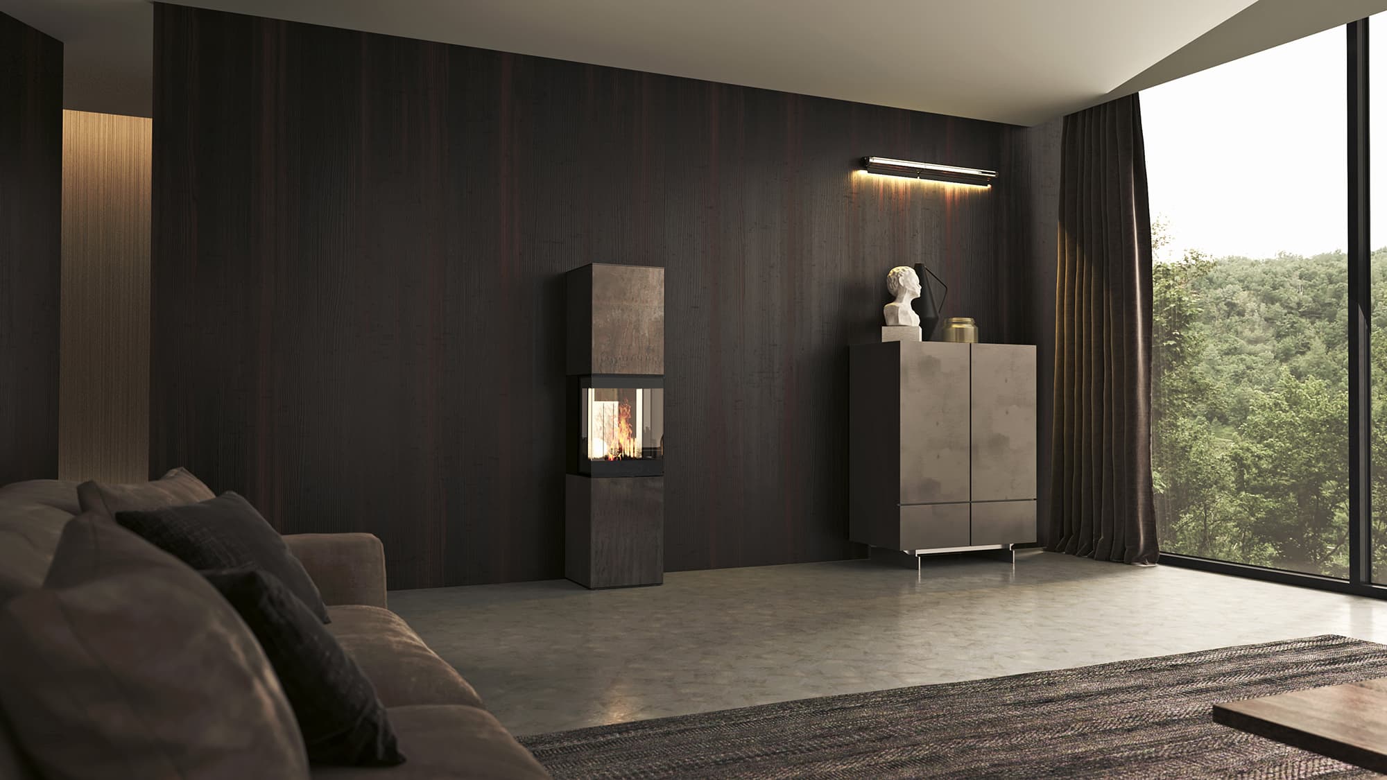 neocube S30XL steel edition: hoher schmaler Kaminofen in Rohstahl mit brennendem Feuer in einem hellen Wohnraum.