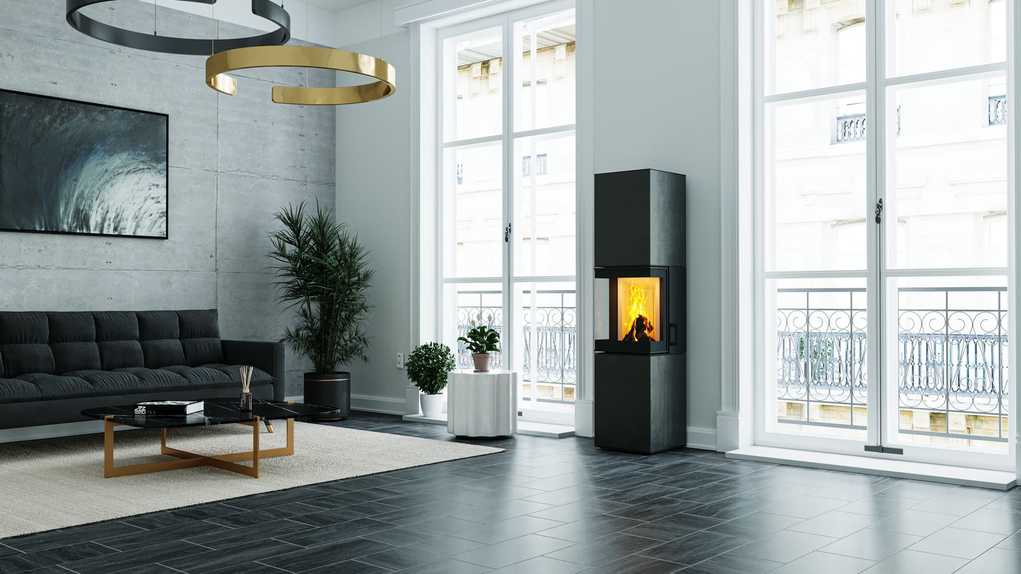 neocube S30XL steel edition: hoher schmaler Kaminofen in Rohstahl mit brennendem Feuer in einem hellen Wohnraum.