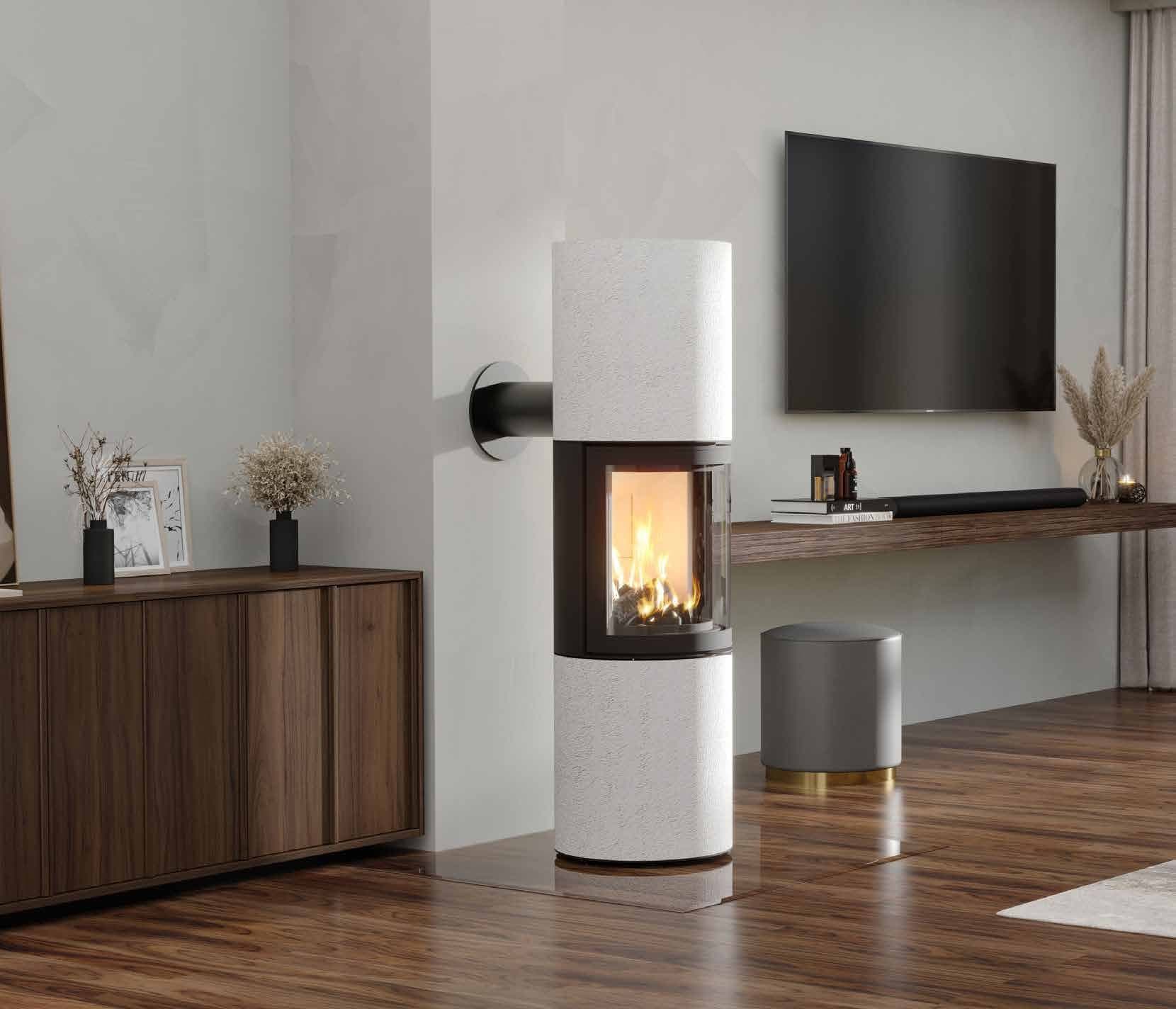 CB-tec neocube R in der Sinterkeramik Bianco Aurora, freistehend im hellen Wohnraum